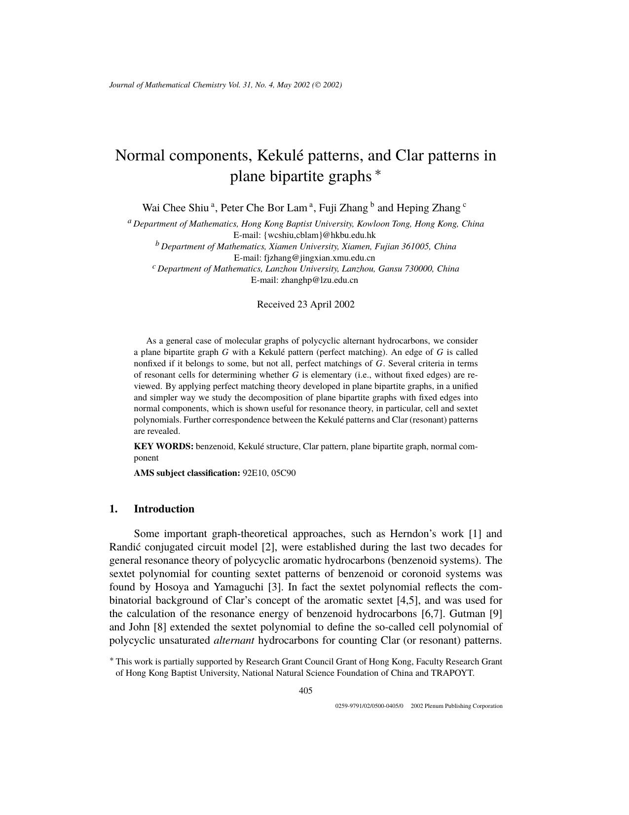 Normal Components, Kekulé Patterns, and Clar Patterns in Plane Bipartite Graphs by Unknown