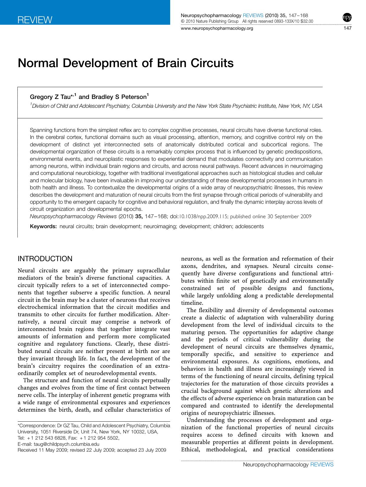 Normal Development of Brain Circuits by Gregory Z Tau & Bradley S Peterson
