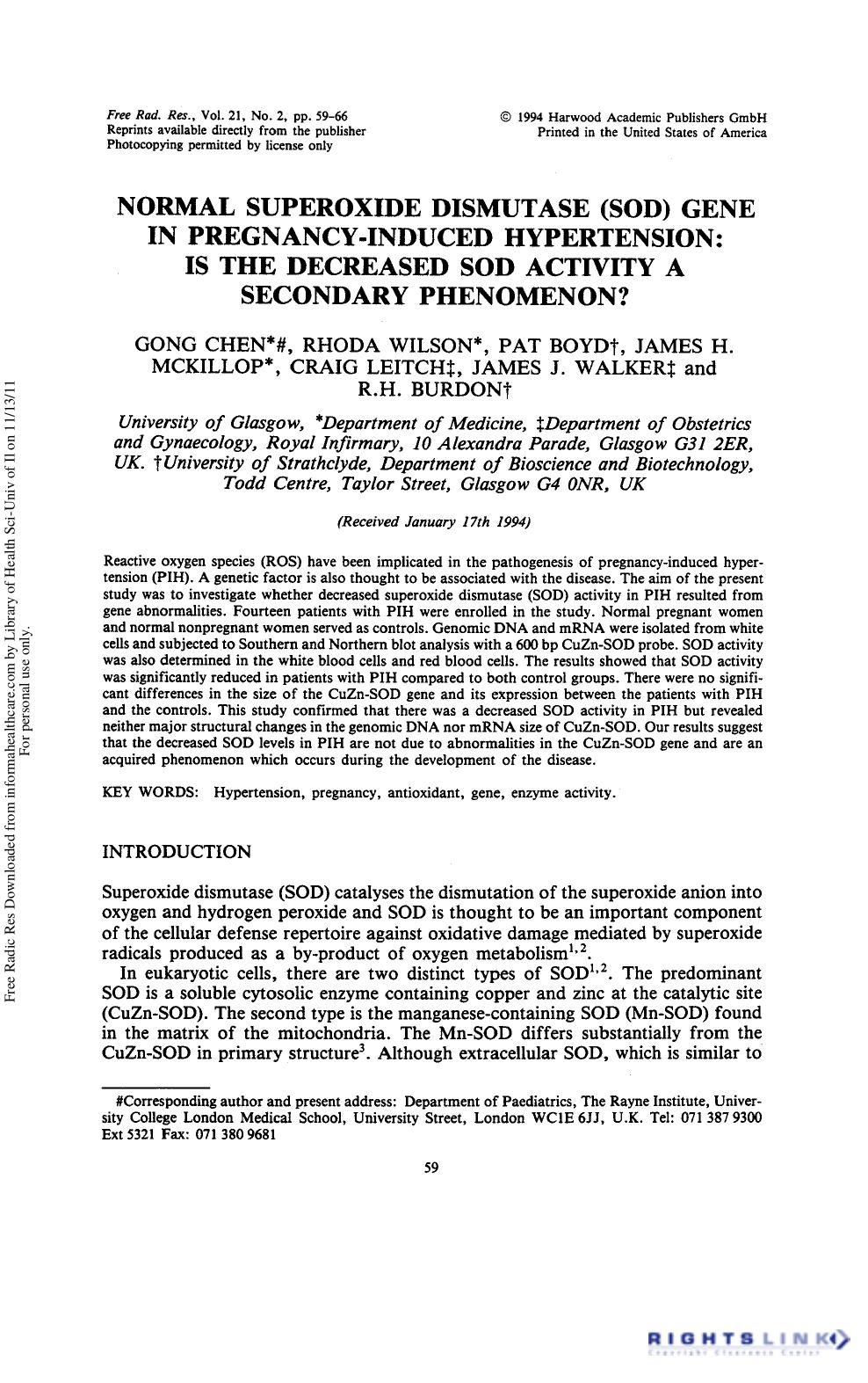 Normal Superoxide Dismutase (SOD) Gene in Pregnancy-Induced Hypertension: Is the Decreased Sod Activity a Secondary Phenomenon? by unknow