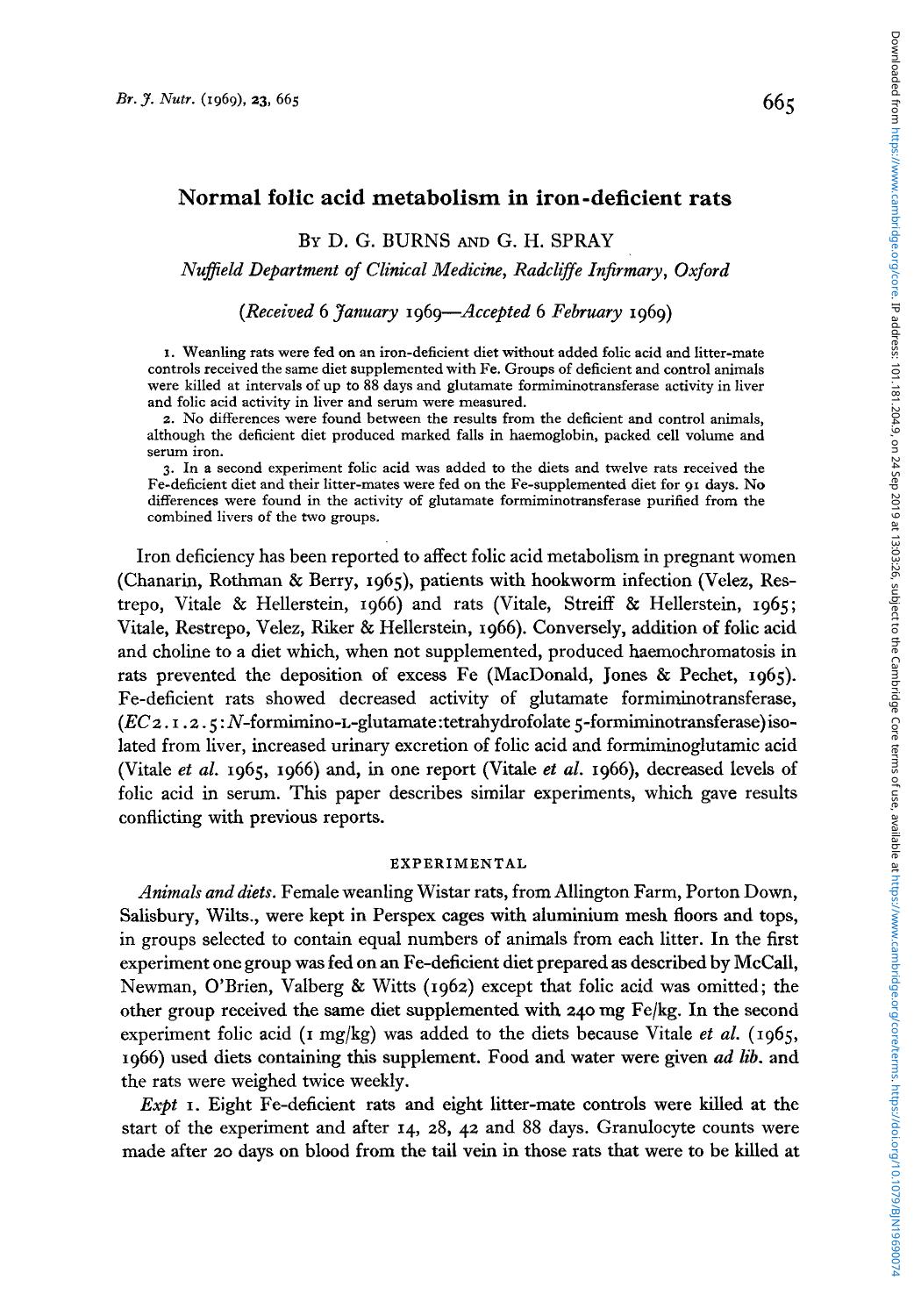 Normal folic acid metabolism in iron-deficient rats by D. G. Burns G. H. Spray