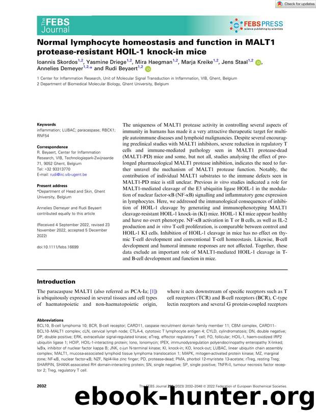 Normal lymphocyte homeostasis and function in MALT1 proteaseâresistant HOILâ1 knockâin mice by Unknown
