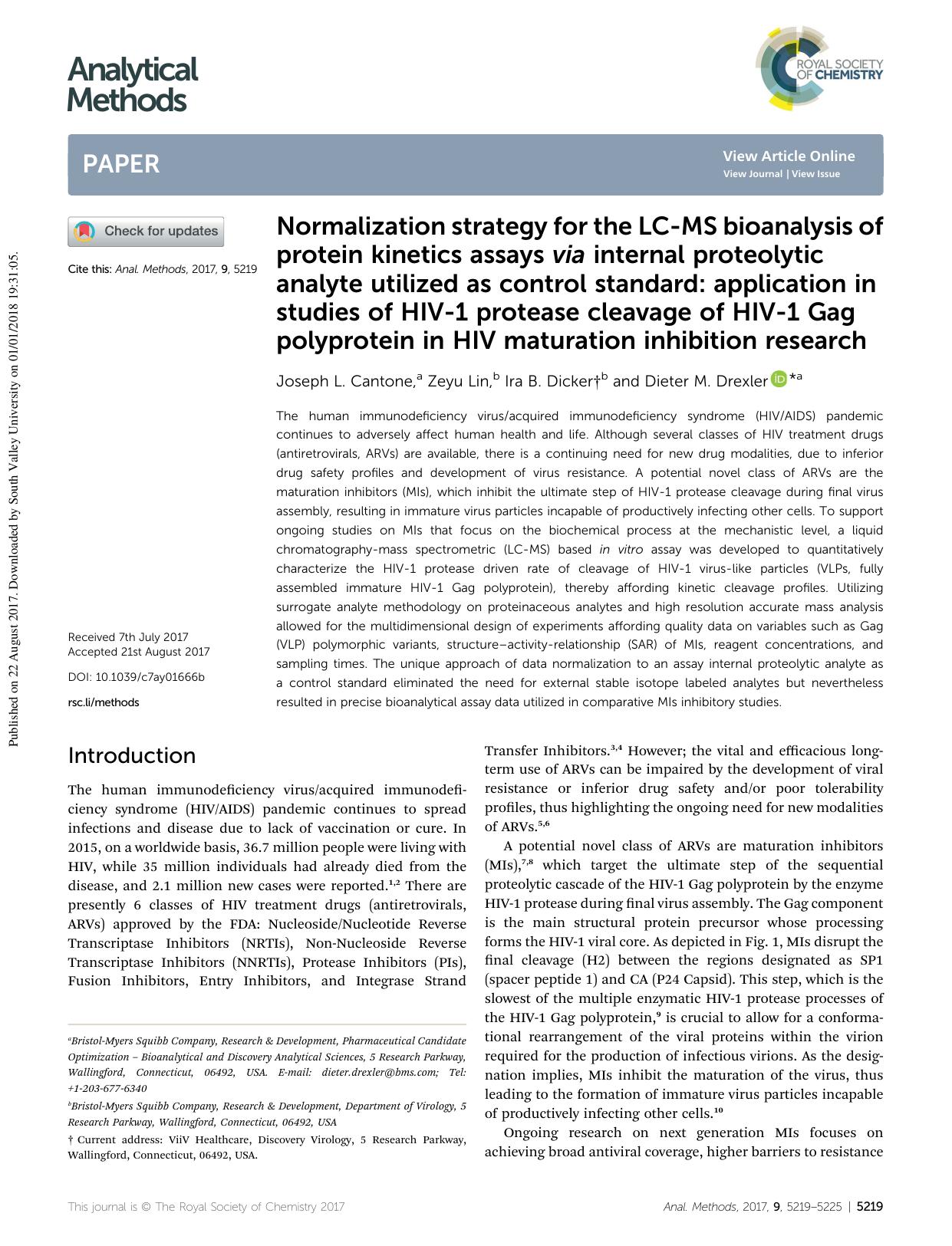 Normalization strategy for the LC-MS bioanalysis of protein kinetics assays via internal proteolytic analyte utilized as control standard: application in studies of HIV-1 protease by Joseph L. Cantone & Zeyu Lin & Ira B. Dicker & Dieter M. Drexler