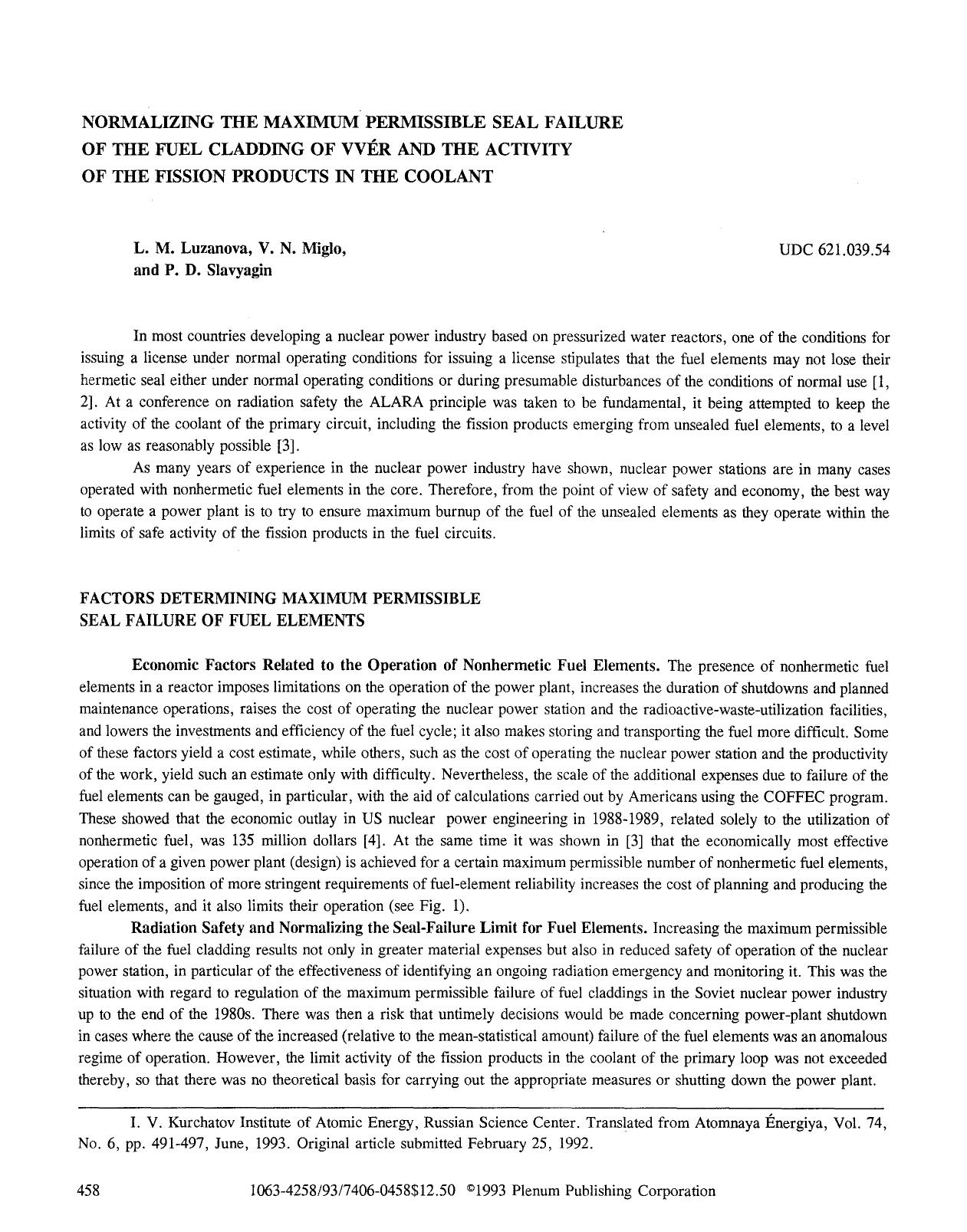 Normalizing the maximum permissible seal failure of the fuel cladding of VV&#x00C9;R and the activity of the fission products in the coolant by Unknown