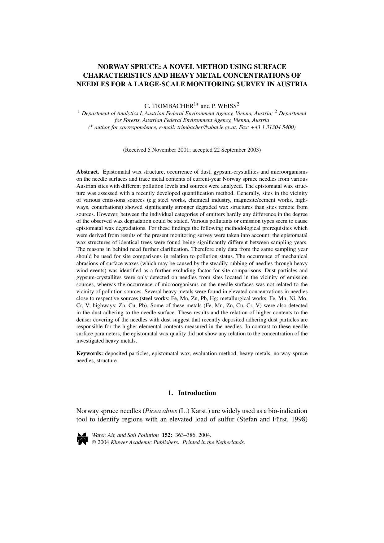 Norway Spruce: A Novel Method using Surface Characteristics and Heavy Metal Concentrations of Needles for a Large-Scale Monitoring Survey in Austria by Unknown