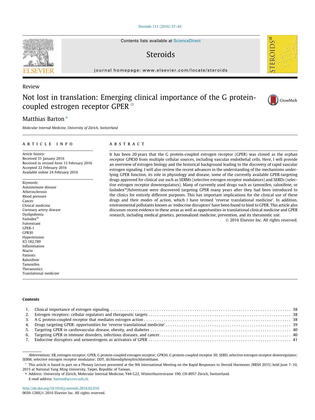 Not lost in translation: Emerging clinical importance of the G protein-coupled estrogen receptor GPER by Matthias Barton