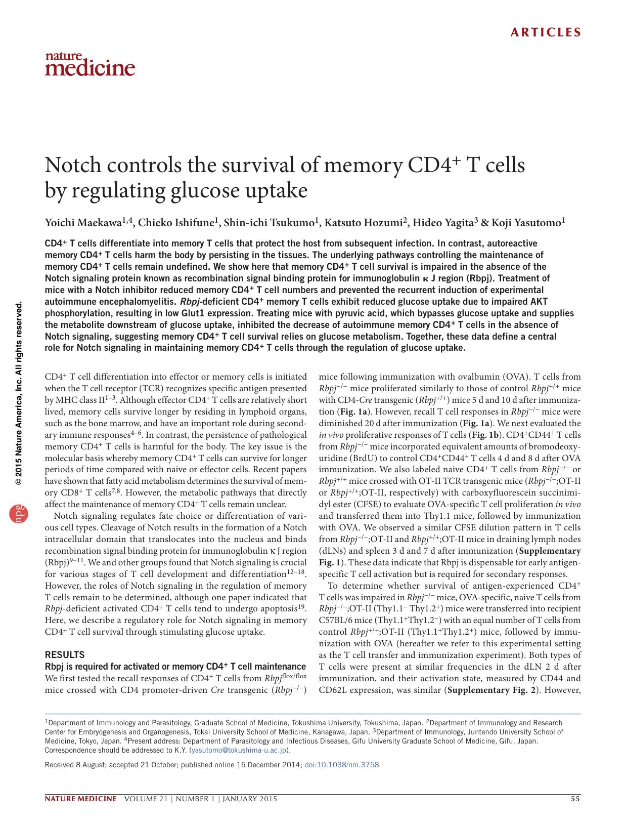 Notch controls the survival of memory CD4+ T cells by regulating glucose uptake by Yoichi Maekawa & Chieko Ishifune & Shin-ichi Tsukumo & Katsuto Hozumi & Hideo Yagita & Koji Yasutomo
