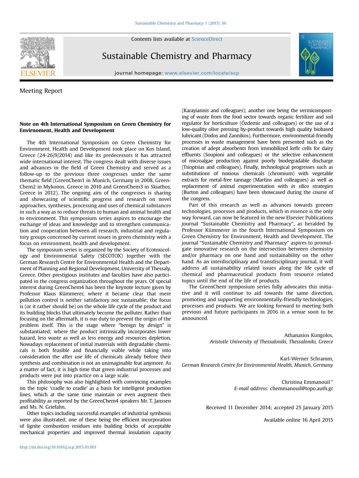Note on 4th International Symposium on Green Chemistry for Envirnoment, Health and Development by Athanasios Kungolos & Karl-Werner Schramm & Christina Emmanouil