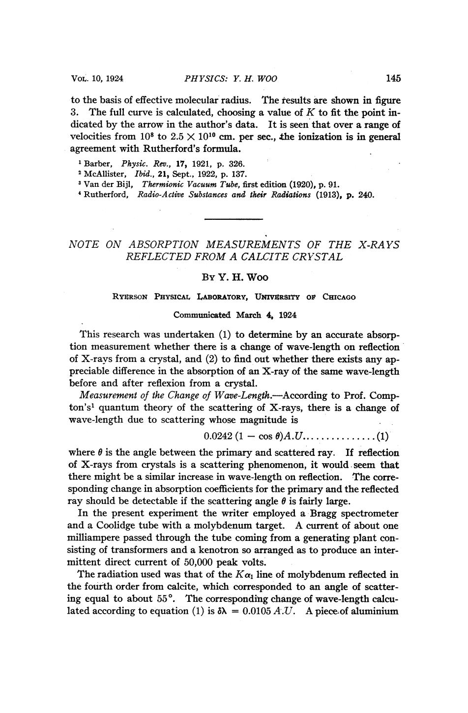 Note on Absorption Measurements of the X-Rays Reflected from a Calcite Crystal by Woo Y. H