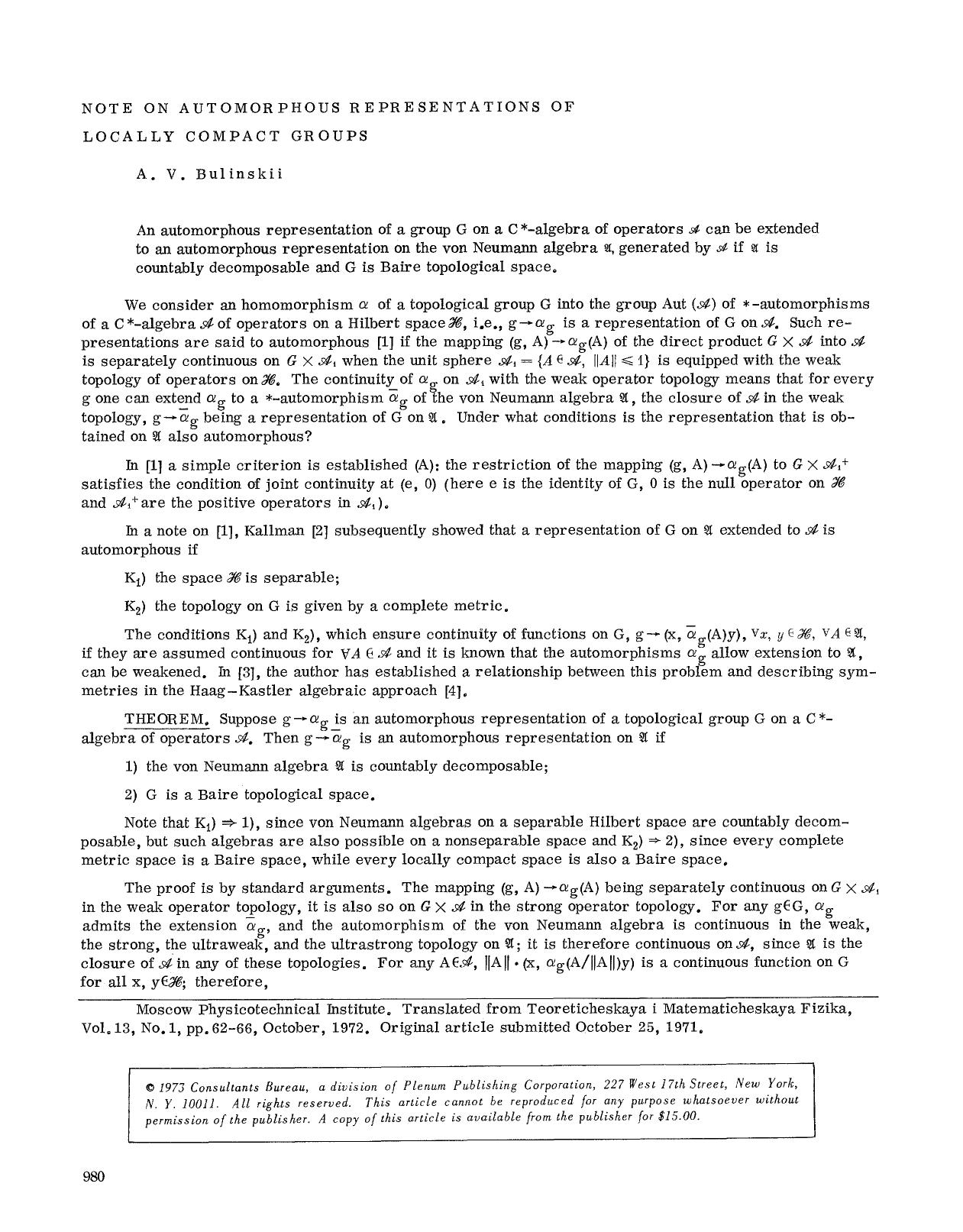 Note on automorphous representations of locally compact groups by Unknown