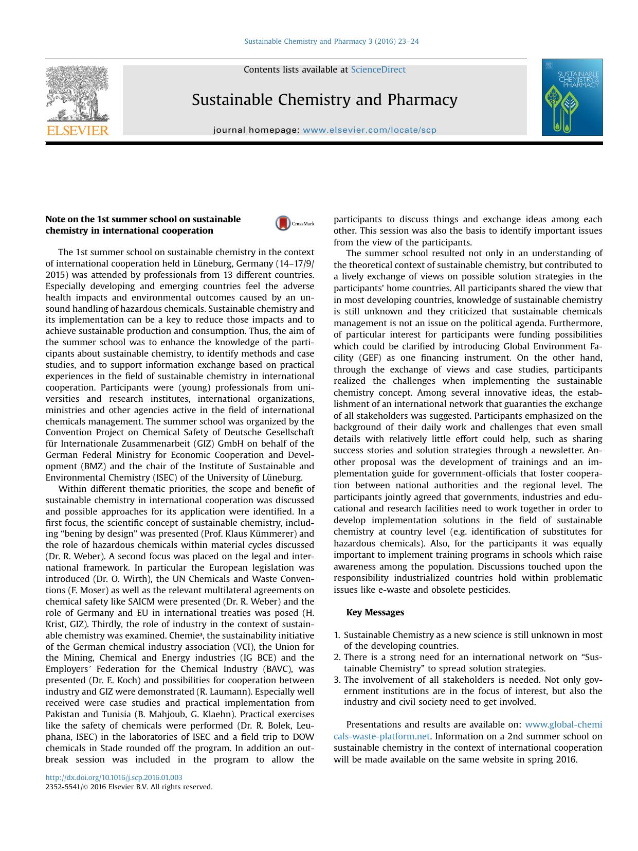 Note on the 1st summer school on sustainable chemistry in international cooperation by Sarah Günther & Katharina Graf & Julika Tribukait