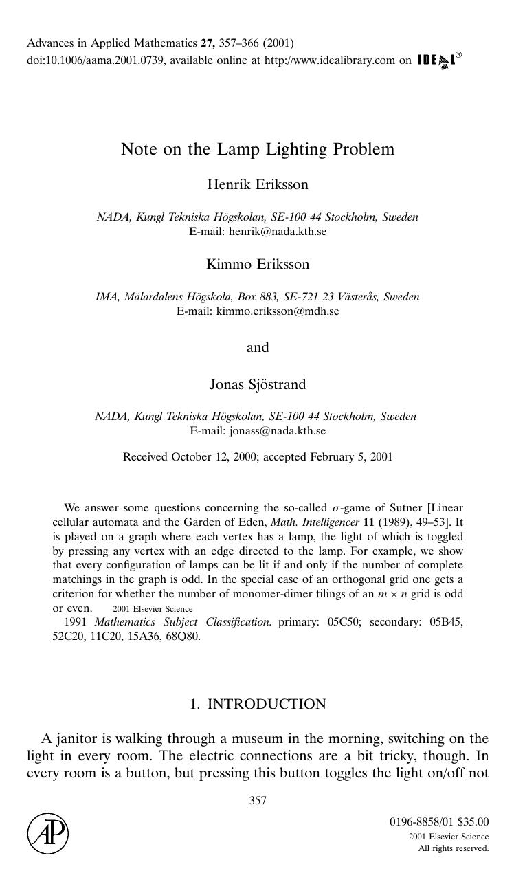 Note on the Lamp Lighting Problem by Eriksson H. et al