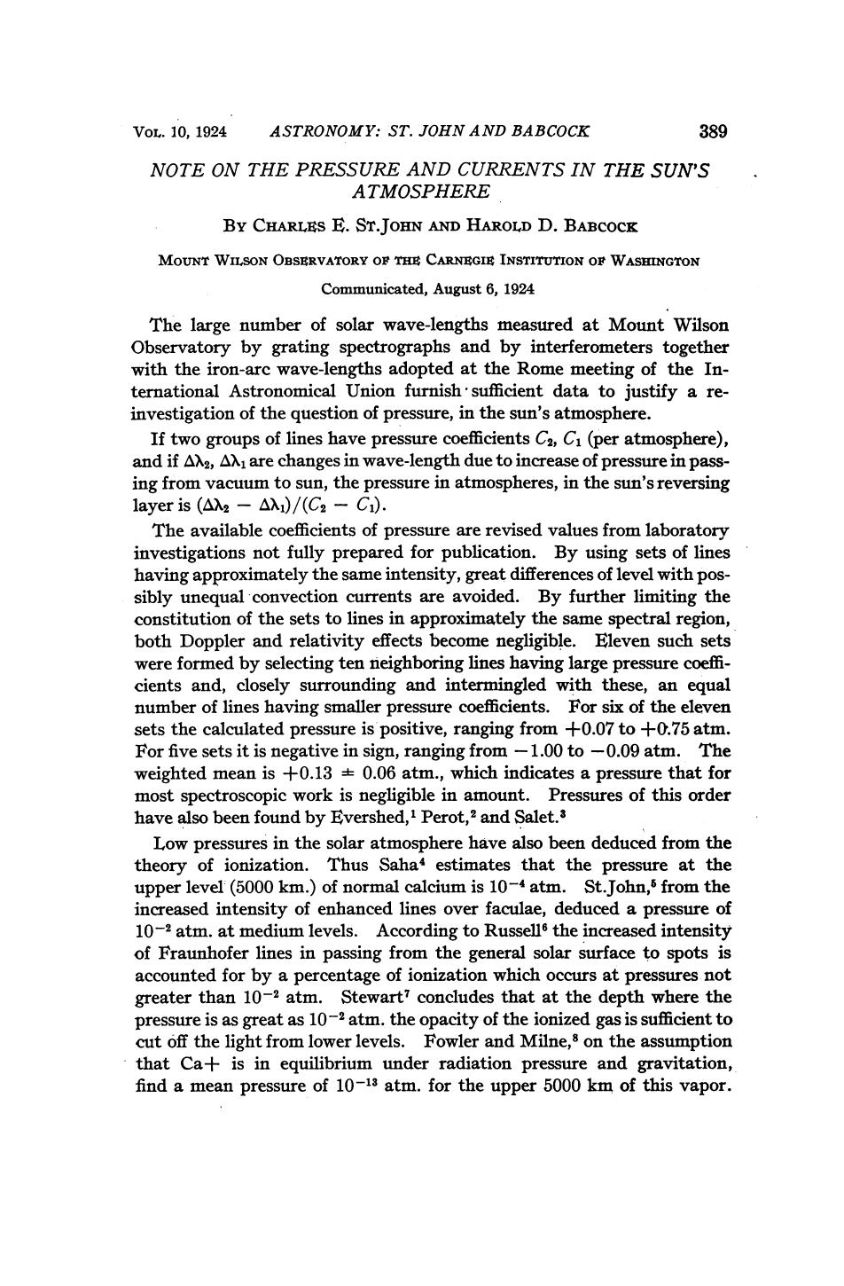 Note on the Pressure and Currents in the Suns Atmosphere by St. John C.E. Babcock H.D