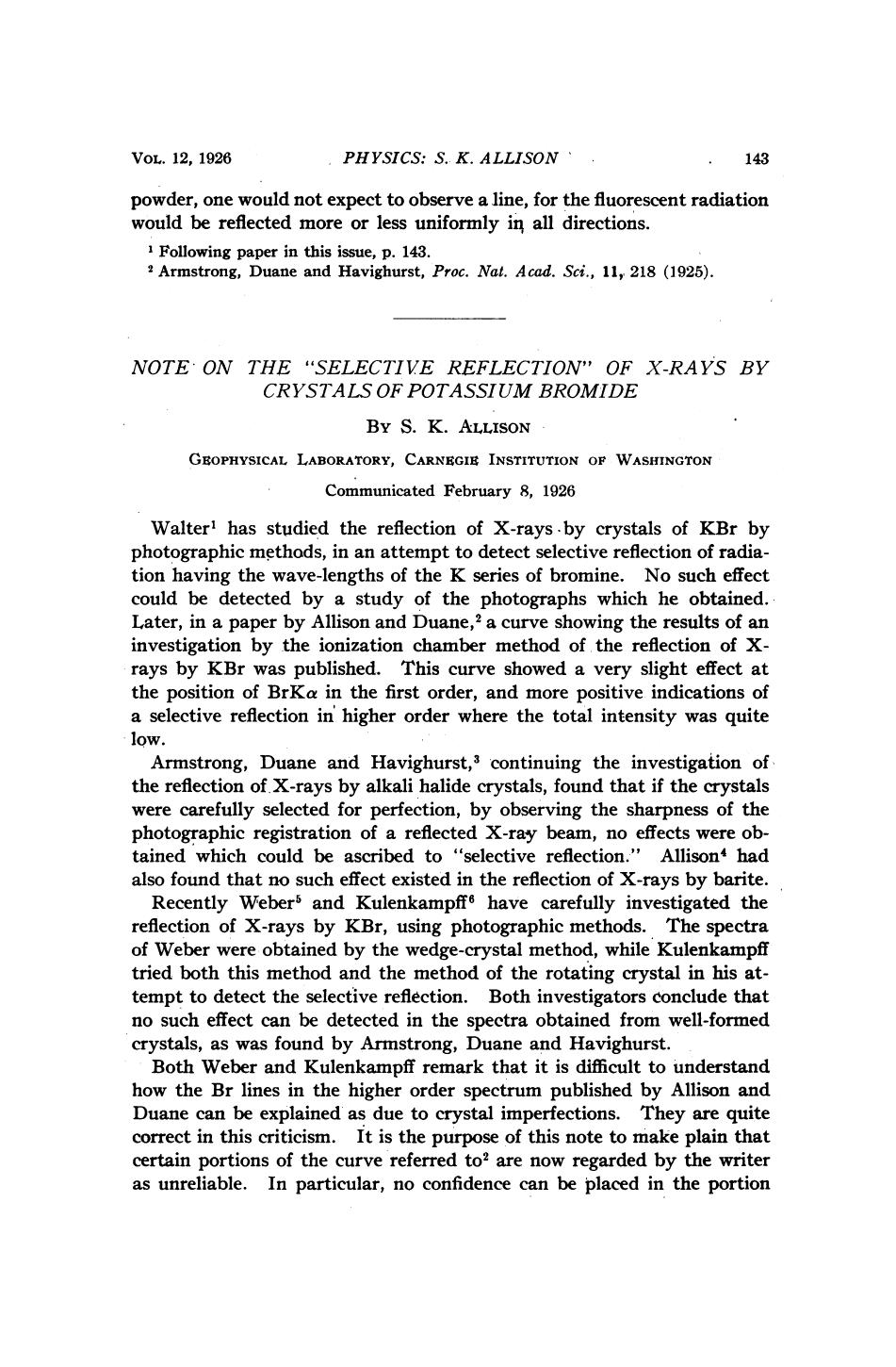 Note on the Selective Reflection of X-Rays by Crystals of Potassium Bromide by Allison S. K