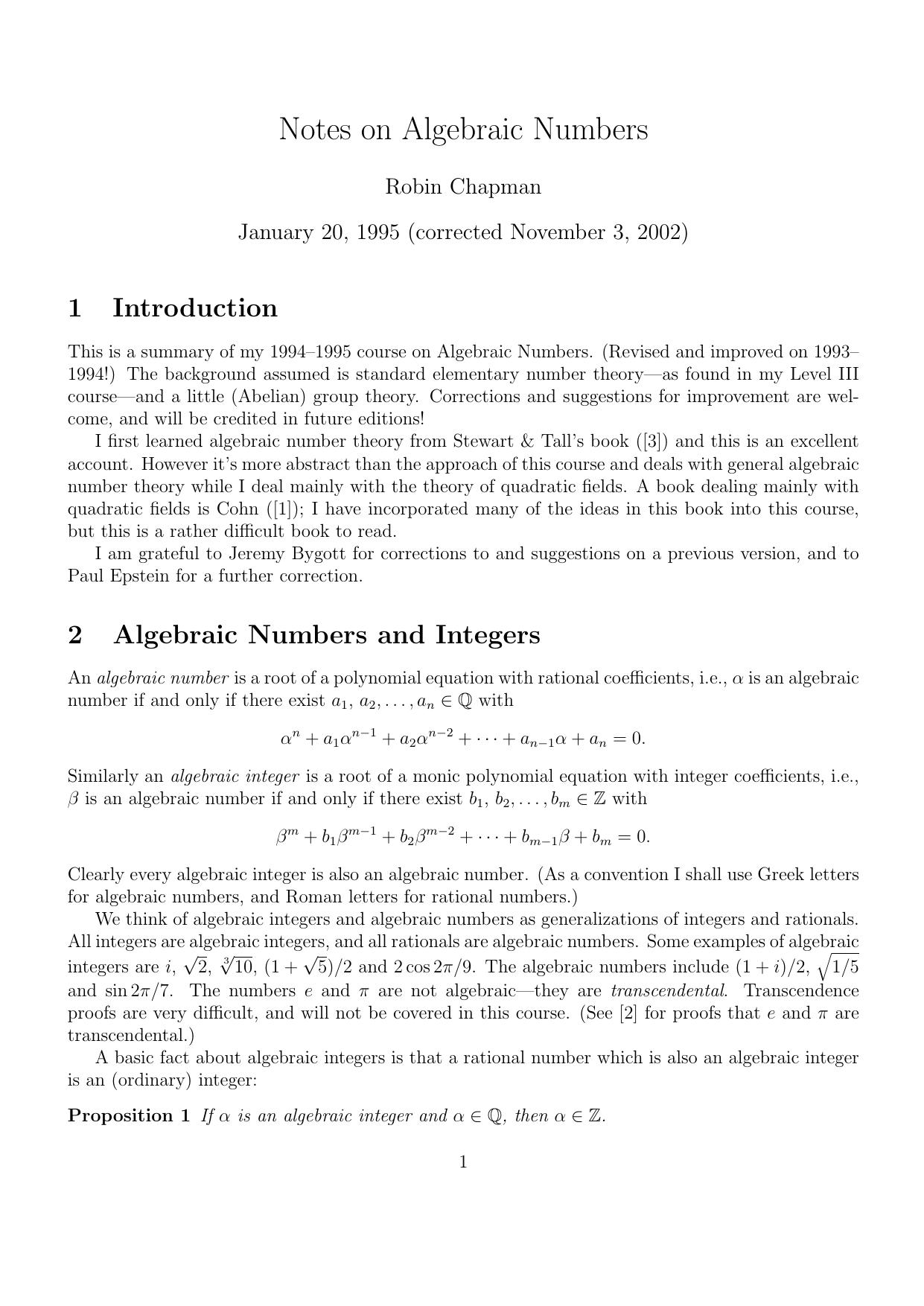Notes on Algebraic Numbers [Lecture notes] by Robin Chapman