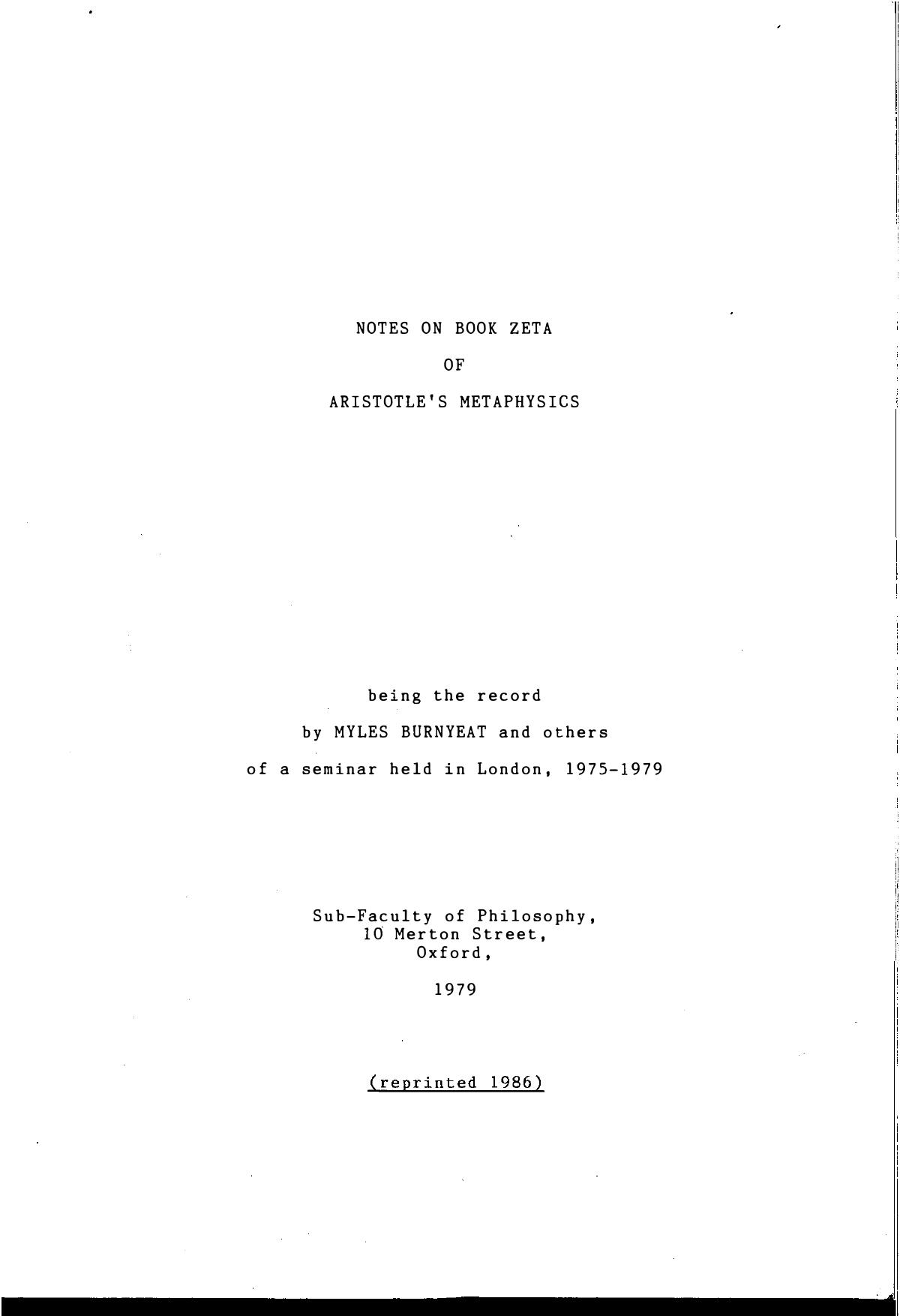 Notes on Book Zeta of Aristotle's âMetaphysicsâ by Burnyeat et al