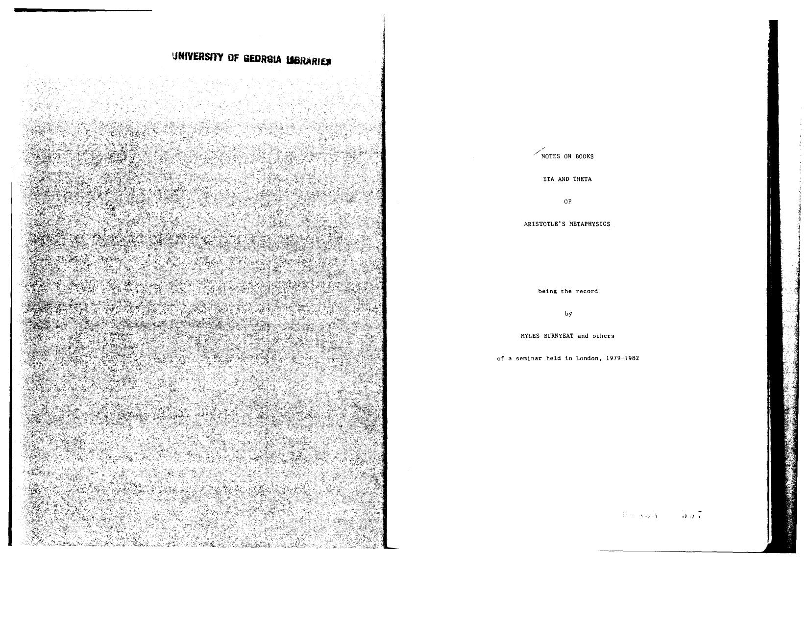 Notes on Eta and Theta of Aristotle's ''Metaphysics'': A Study Guide by Myles Burnyeat