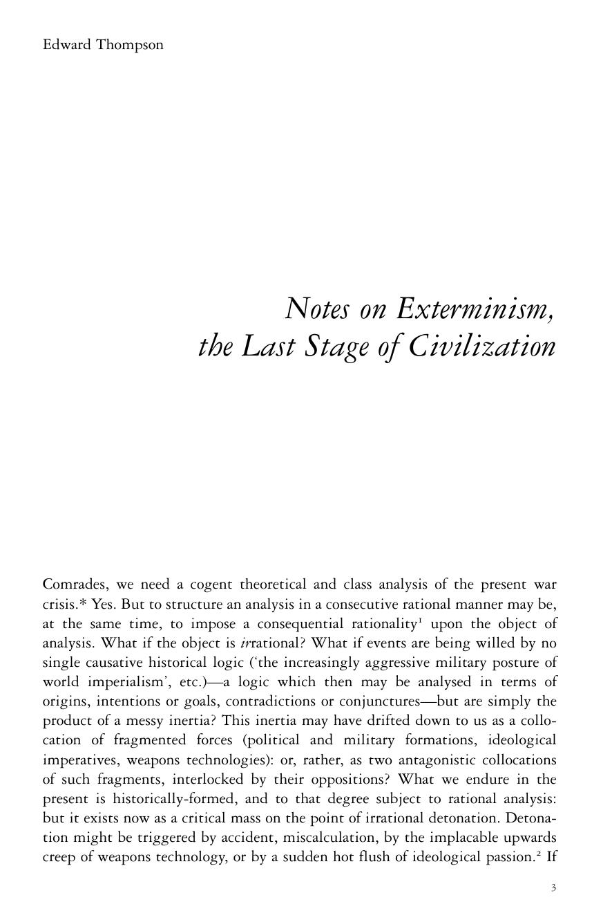 Notes on Exterminism, the Last Stage of Civilization by Edward Thompson