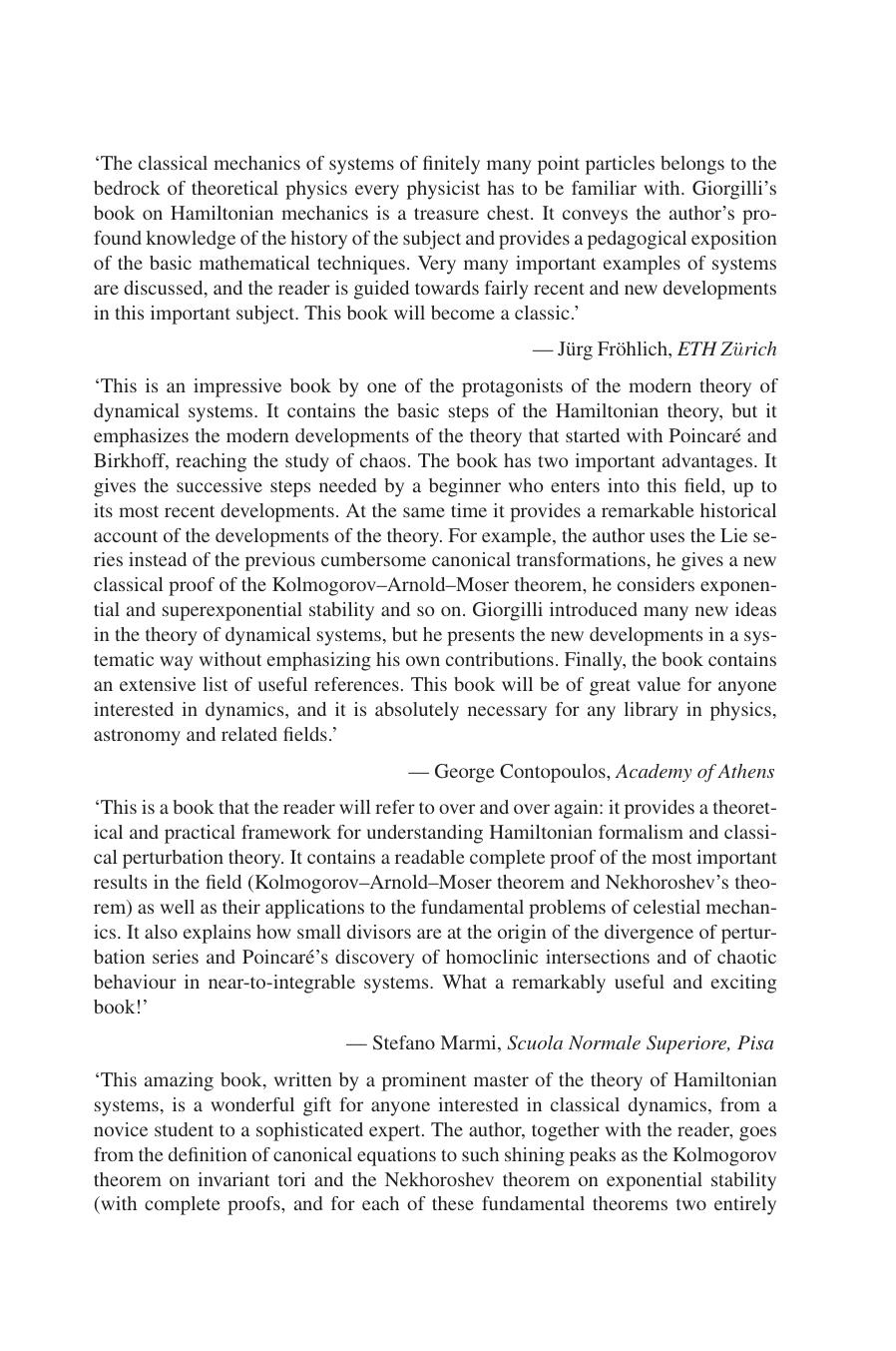 Notes on Hamiltonian Dynamical Systems by Antonio Giorgilli