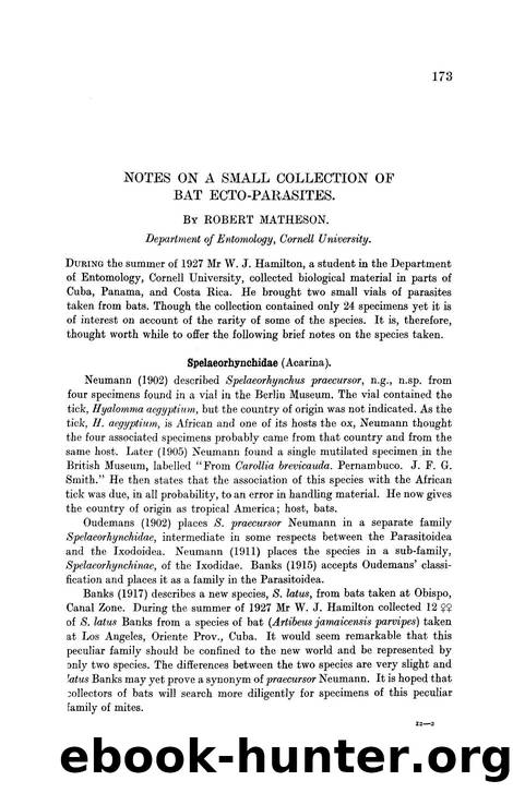 Notes on a Small Collection of Bat Ecto-Parasites by Robert Matheson