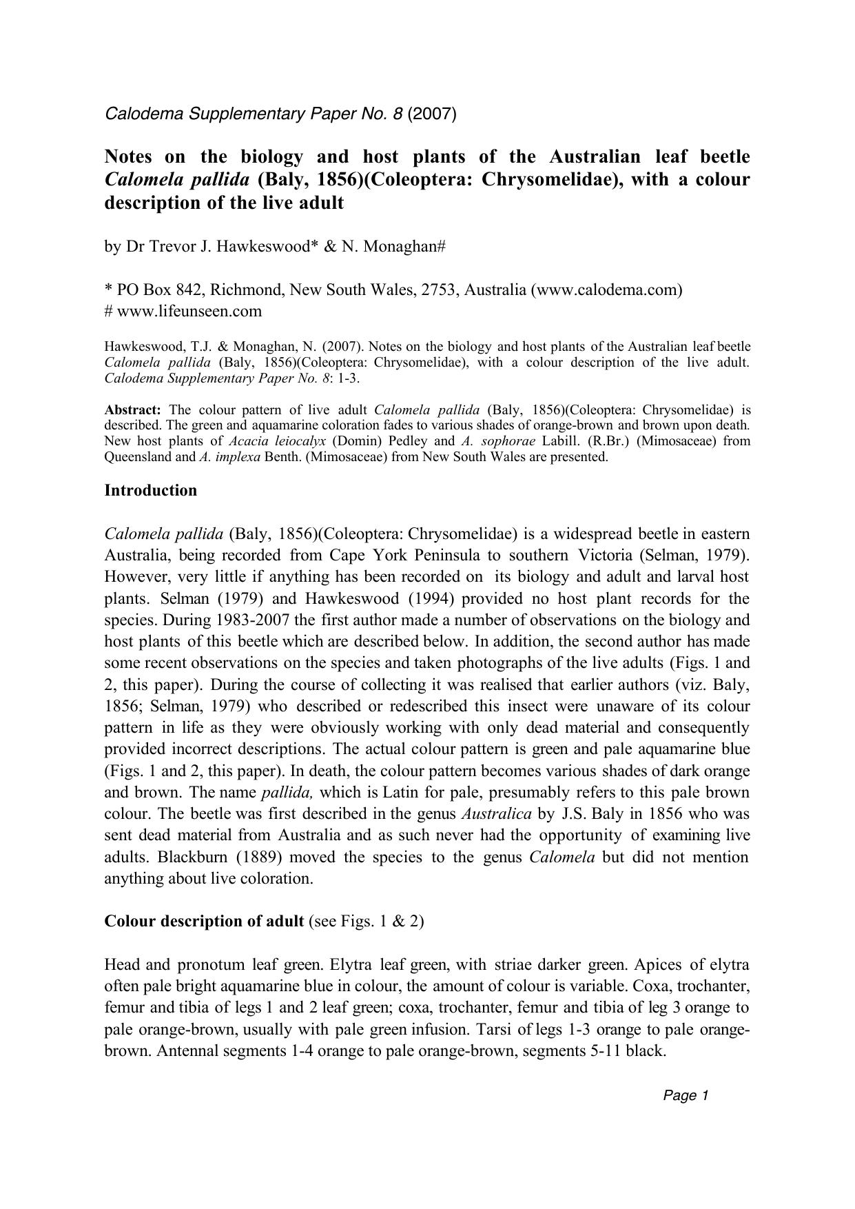 Notes on the biology and host plants of the Australian leaf beetle Calomela pallida, with colour description of the live adult by Unknown