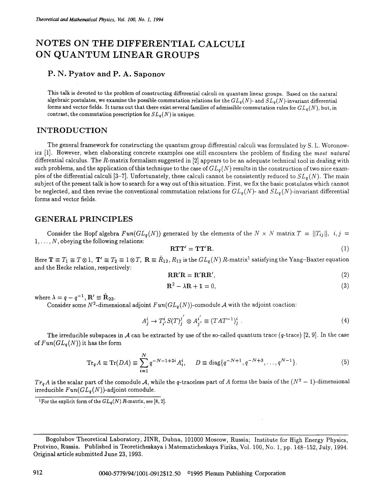Notes on the differential calculi on quantum linear groups by Unknown