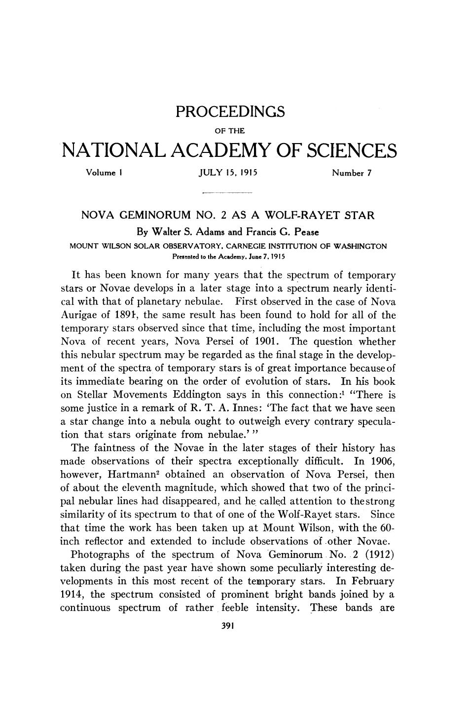 Nova Geminorum No. 2 as a Wolf-Rayet Star by Adams W.S. Pease F.G