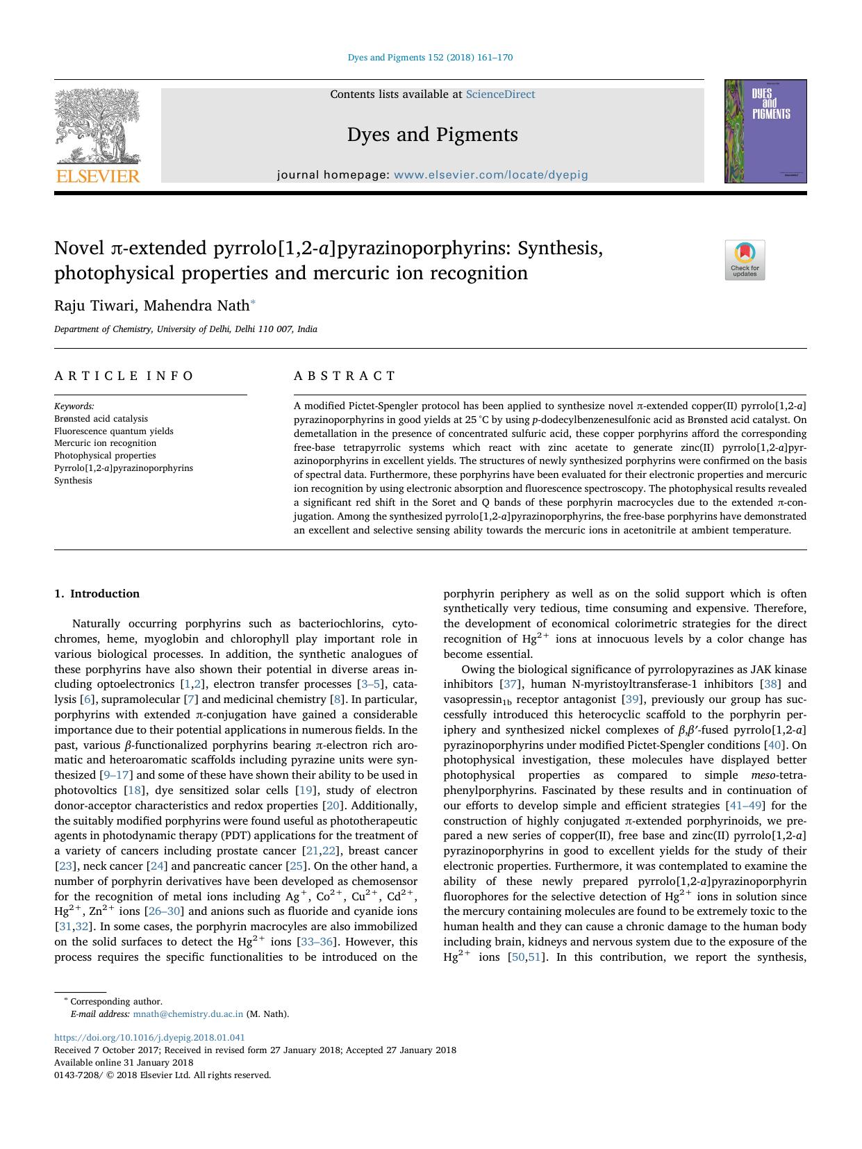 Novel Ï-extended pyrrolo[1,2-a]pyrazinoporphyrins_ Synthesis, photophysical properties and mercuric ion recognition by Raju Tiwari & Mahendra Nath