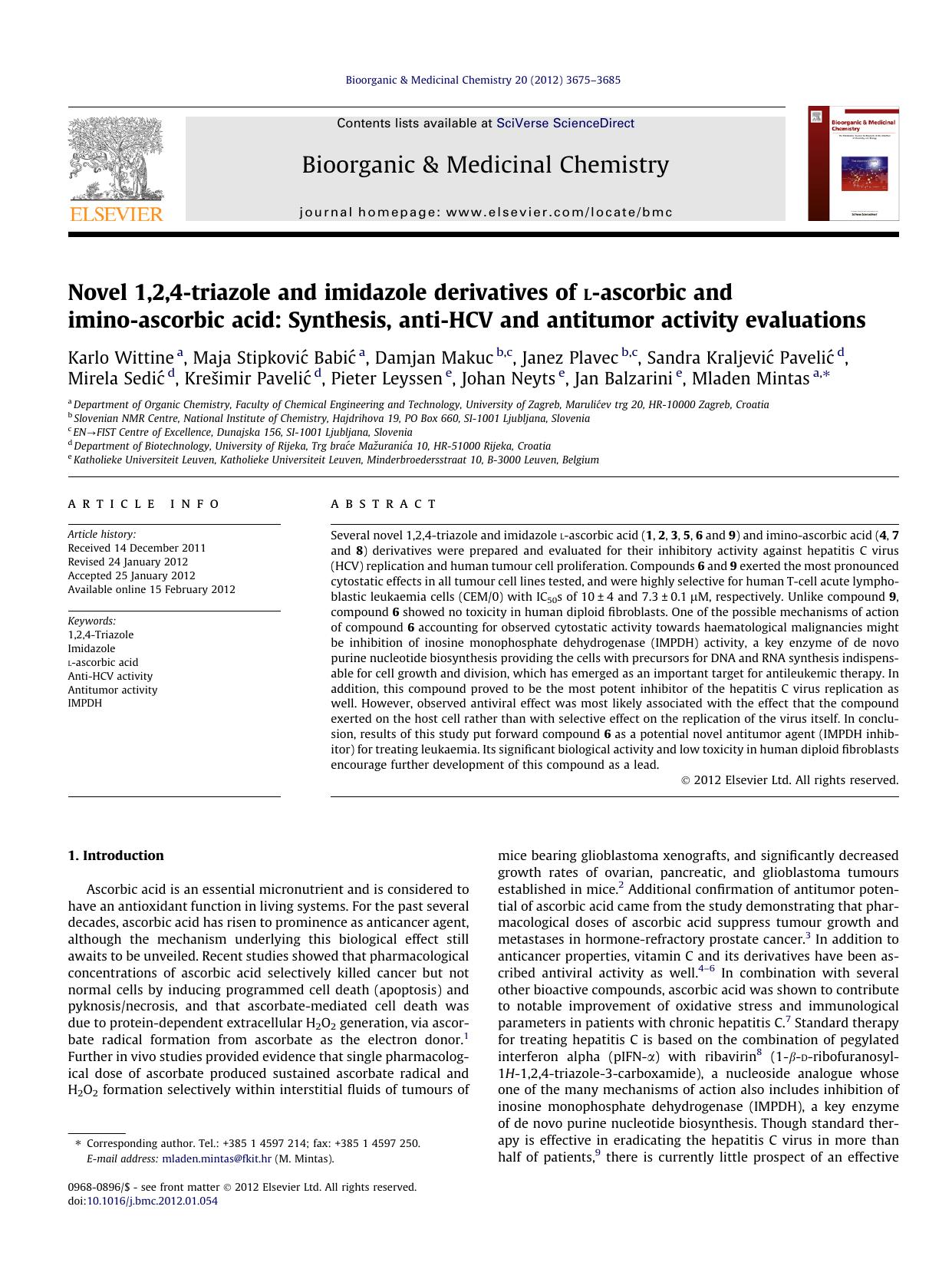 Novel 1,2,4-triazole and imidazole derivatives of l-ascorbic and imino-ascorbic acid: Synthesis, anti-HCV and antitumor activity evaluations by unknow