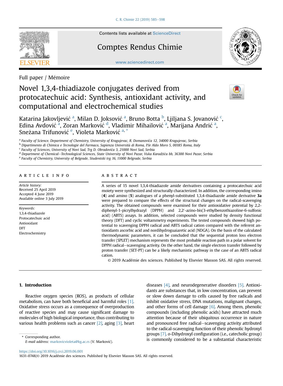 Novel 1,3,4-thiadiazole conjugates derived from protocatechuic acid: Synthesis, antioxidant activity, and computational and electrochemical studies by unknow