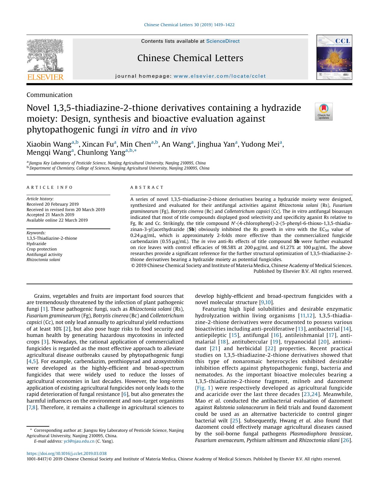 Novel 1,3,5-thiadiazine-2-thione derivatives containing a hydrazide moiety: Design, synthesis and bioactive evaluation against phytopathogenic fungi in vitro and in vivo by Xiaobin Wang
