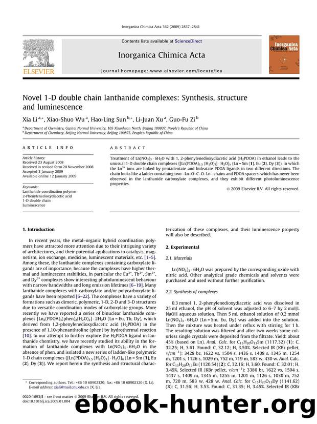 Novel 1-D double chain lanthanide complexes: Synthesis, structure and luminescence by Xia Li; Xiao-Shuo Wu; Hao-Ling Sun; Li-Juan Xu; Guo-Fu Zi