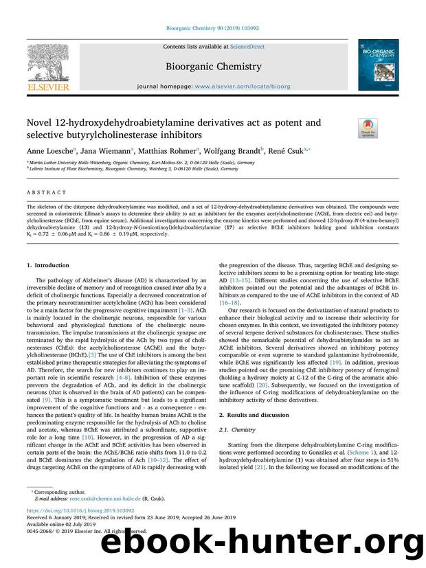Novel 12-hydroxydehydroabietylamine derivatives act as potent and selective butyrylcholinesterase inhibitors by Anne Loesche & Jana Wiemann & Matthias Rohmer & Wolfgang Brandt & René Csuk