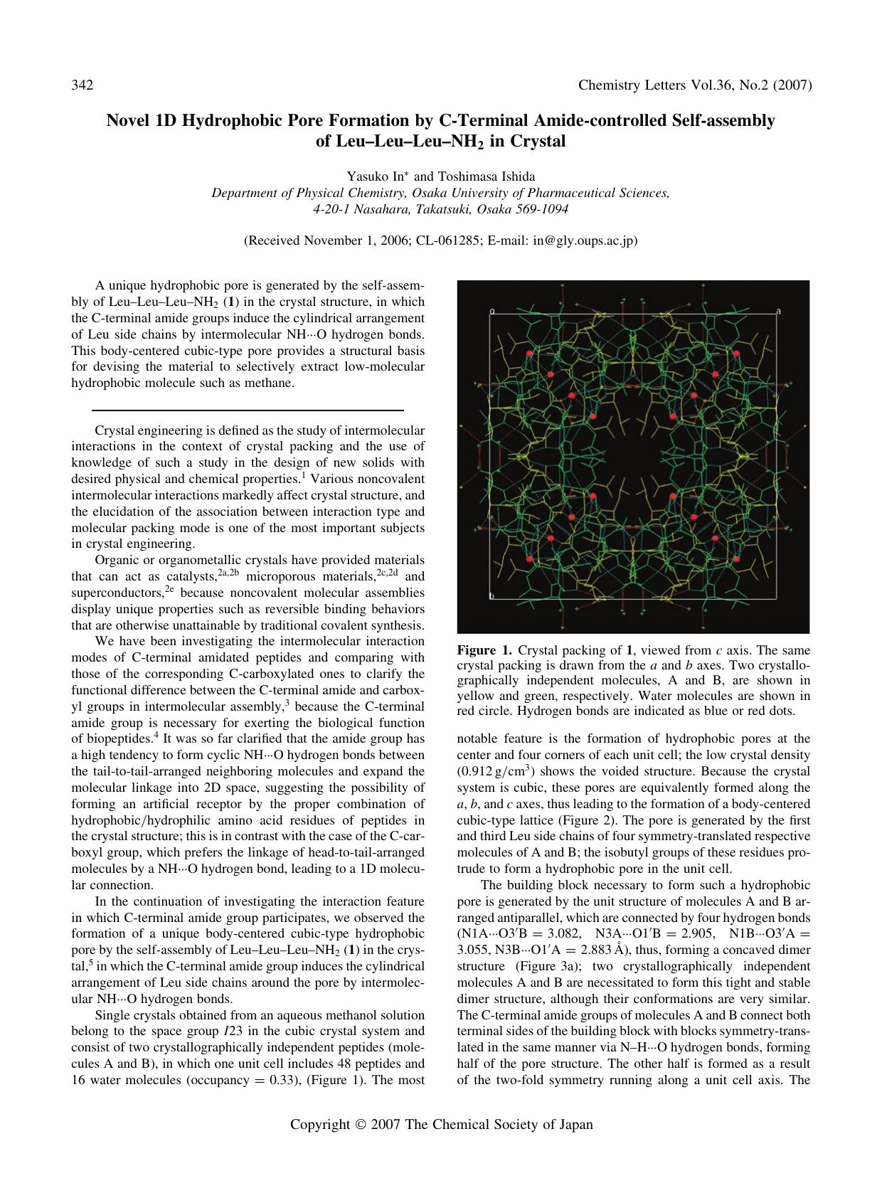 Novel 1D Hydrophobic Pore Formation by C-Terminal Amide-controlled Self-assembly of Leu--Leu--Leu--NH_{2} in Crystal by Yasuko In and Toshimasa Ishida