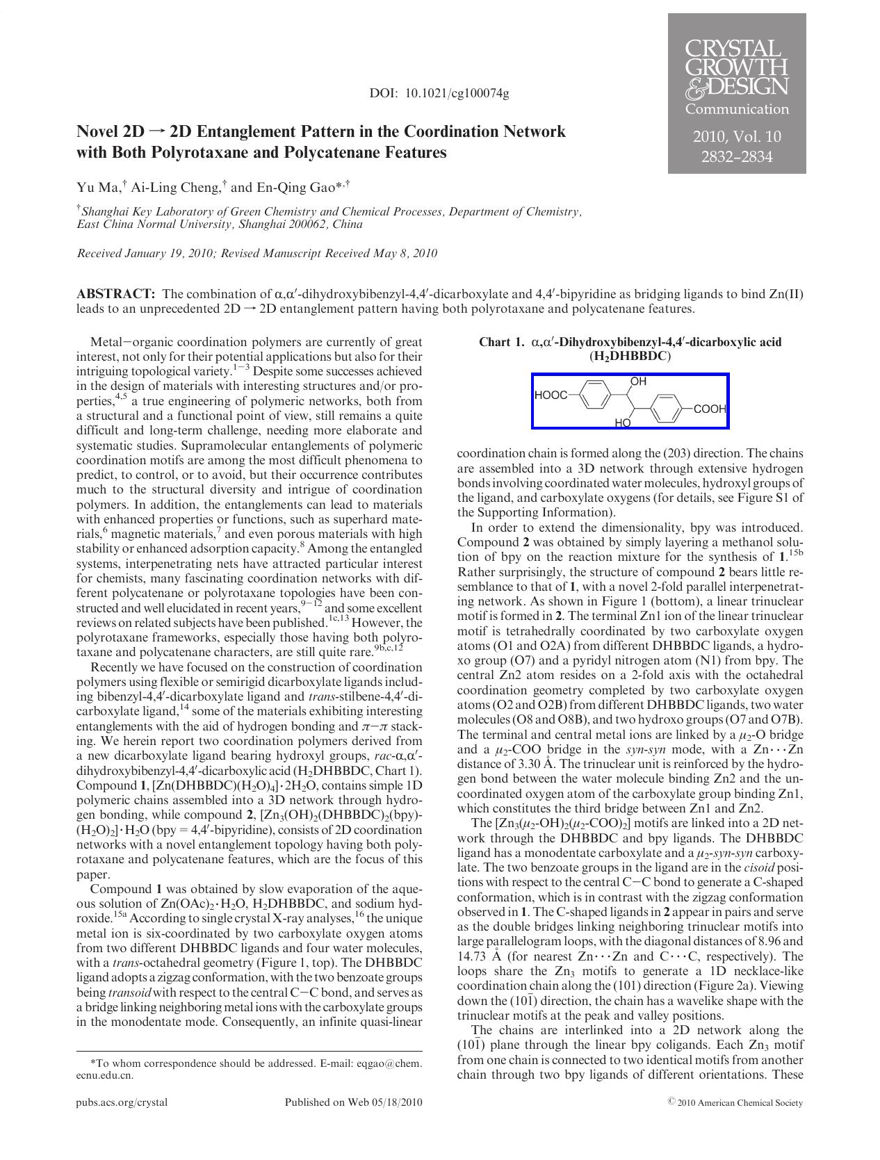 Novel 2D 2D Entanglement Pattern in the Coordination Network with Both Polyrotaxane and Polycatenane Features by Unknown