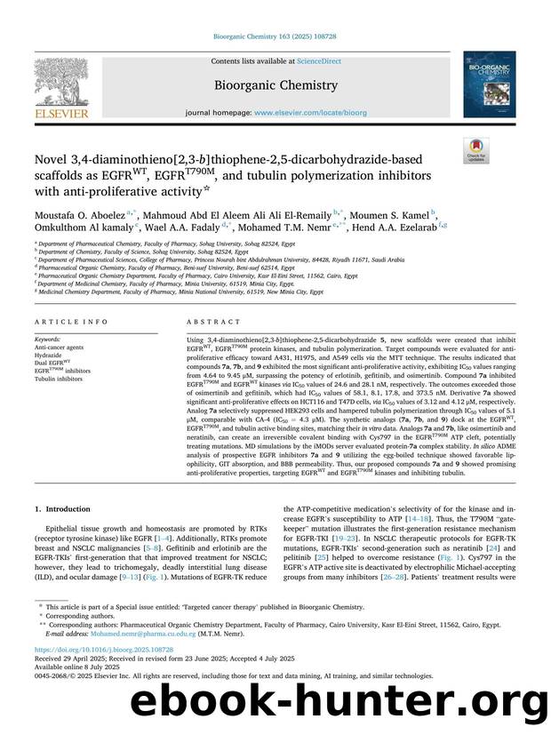 Novel 3,4-diaminothieno[2,3- b ]thiophene-2,5-dicarbohydrazide-based scaffolds as EGFRWT, EGFRT790M, and tubulin polymerization inhibitors with anti-proliferative activity by unknow