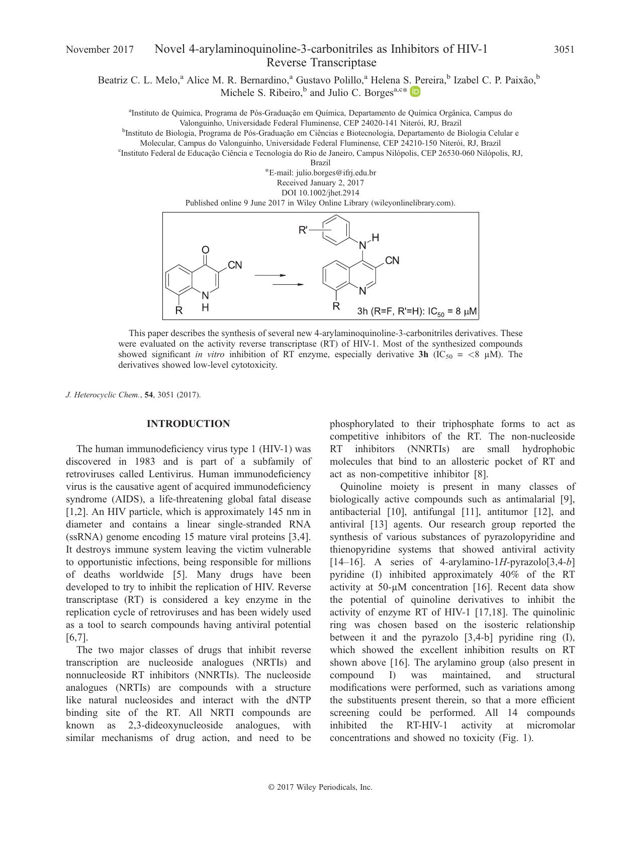 Novel 4-arylaminoquinoline-3-carbonitriles as Inhibitors of HIV-1 Reverse Transcriptase by unknow