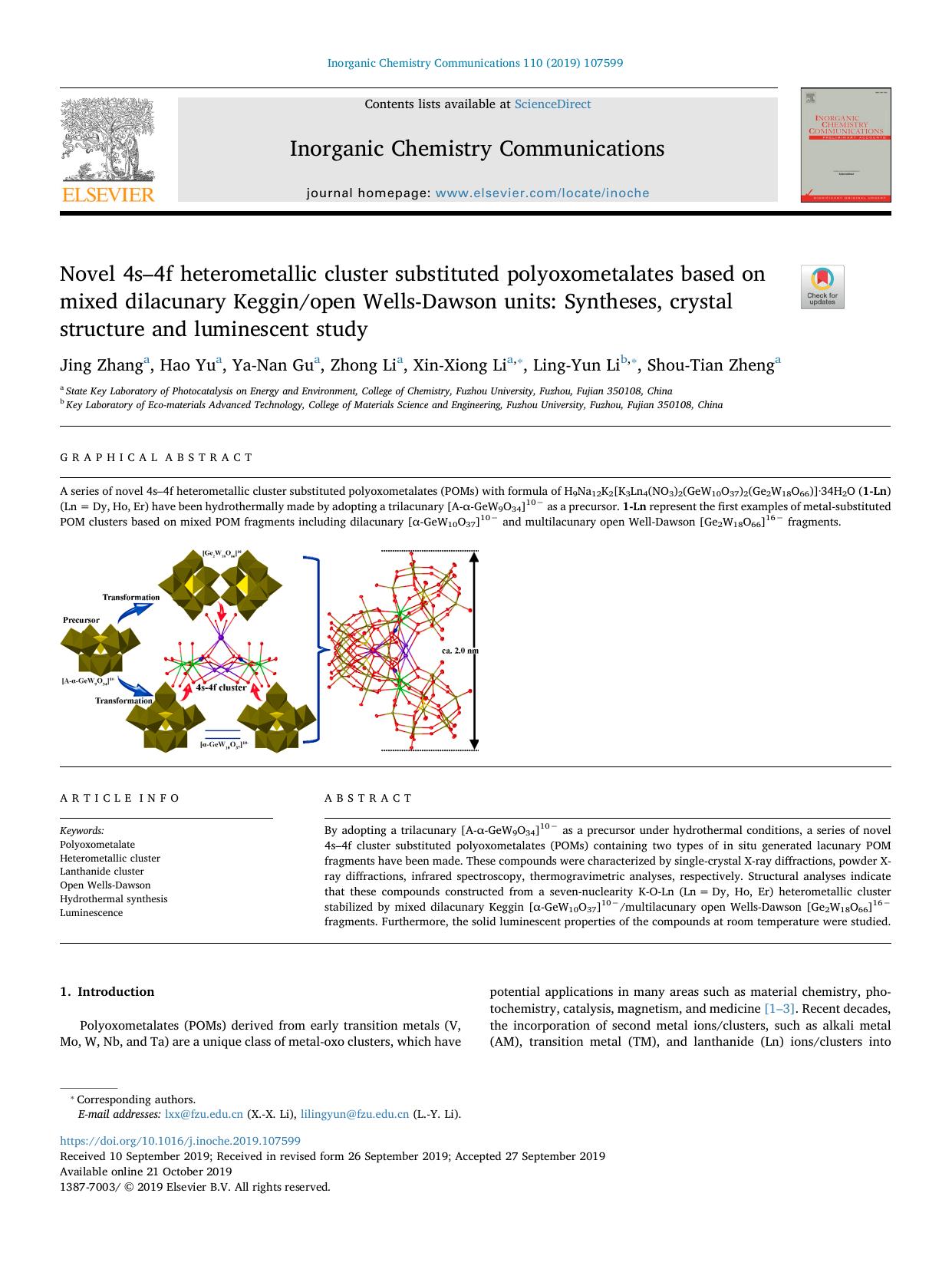 Novel 4sâ4f heterometallic cluster substituted polyoxometalates based on mixed dilacunary Kegginopen Wells-Dawson units_ Syntheses, crystal structure and luminescent study by Jing Zhang & Hao Yu & Ya-Nan Gu & Zhong Li & Xin-Xiong Li & Ling-Yun Li & Shou-Tian Zheng