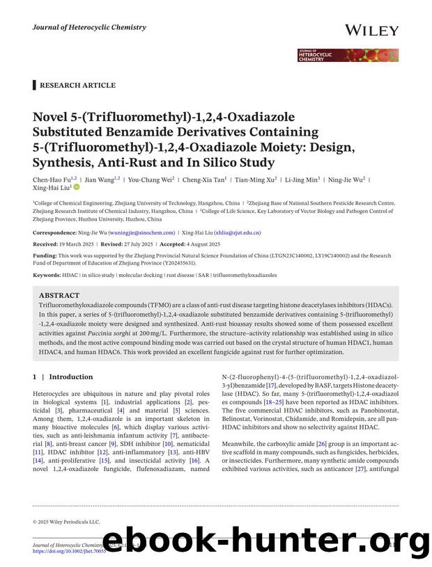 Novel 5â(Trifluoromethyl)â1,2,4âoxadiazole Substituted Benzamide Derivatives Containing 5â(trifluoromethyl)â1,2,4âoxadiazole Moiety: Design, Synthesis, AntiâRust and In Silico Study by Unknown