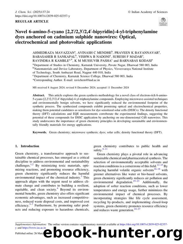Novel 6-amino-5-cyano [2,2â²2,3â²2,4â²-bipyridin]-4-yl-triphenylamine dyes anchored on cadmium sulphide nanowires: Optical, electrochemical and photovoltaic applications by unknow