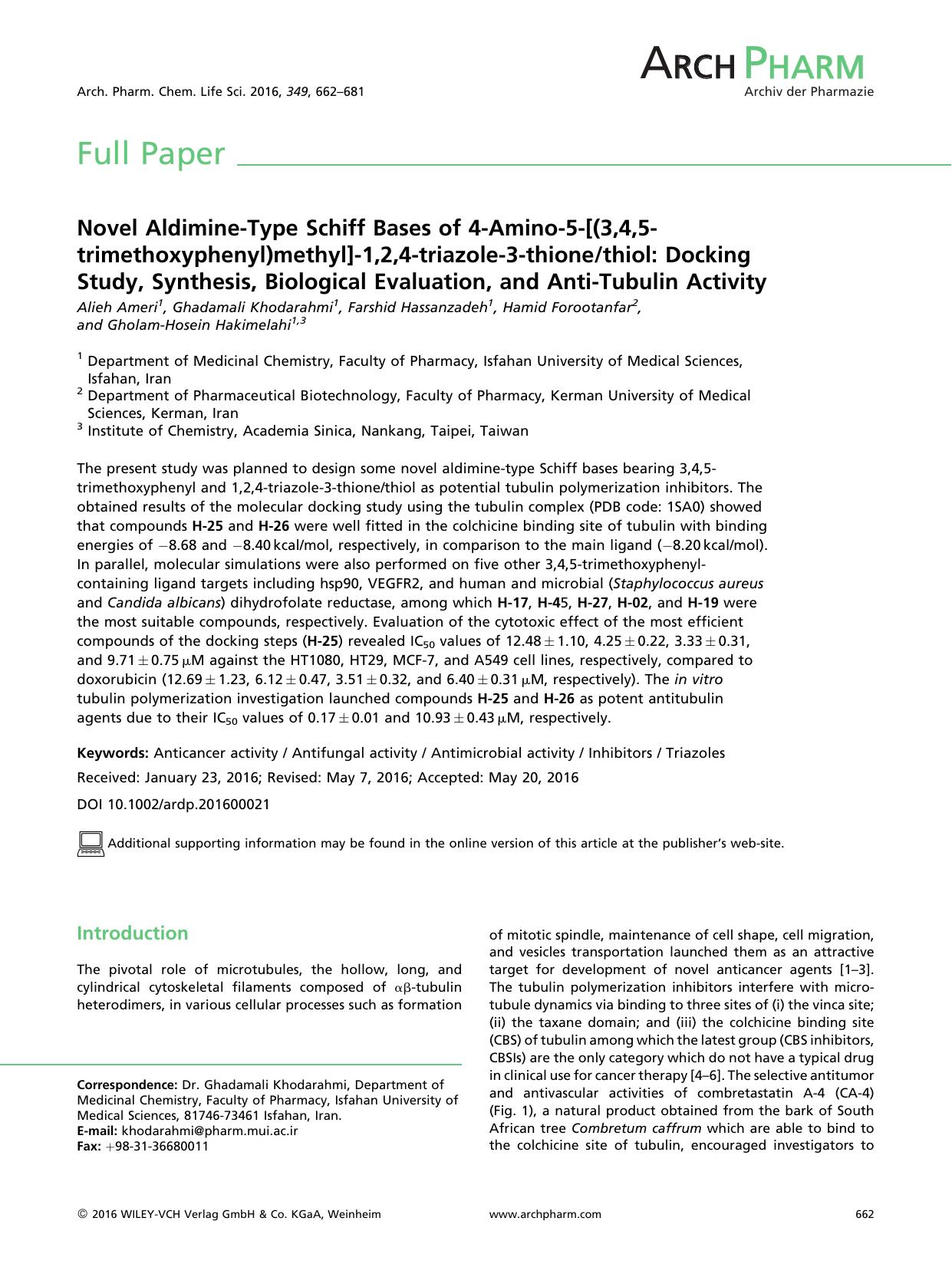 Novel Aldimine-Type Schiff Bases of 4-Amino-5-[(3,4,5-trimethoxyphenyl)methyl]-1,2,4-triazole-3-thionethiol: Docking Study, Synthesis, Biological Evaluation, and Anti-Tubulin Activity by Unknown