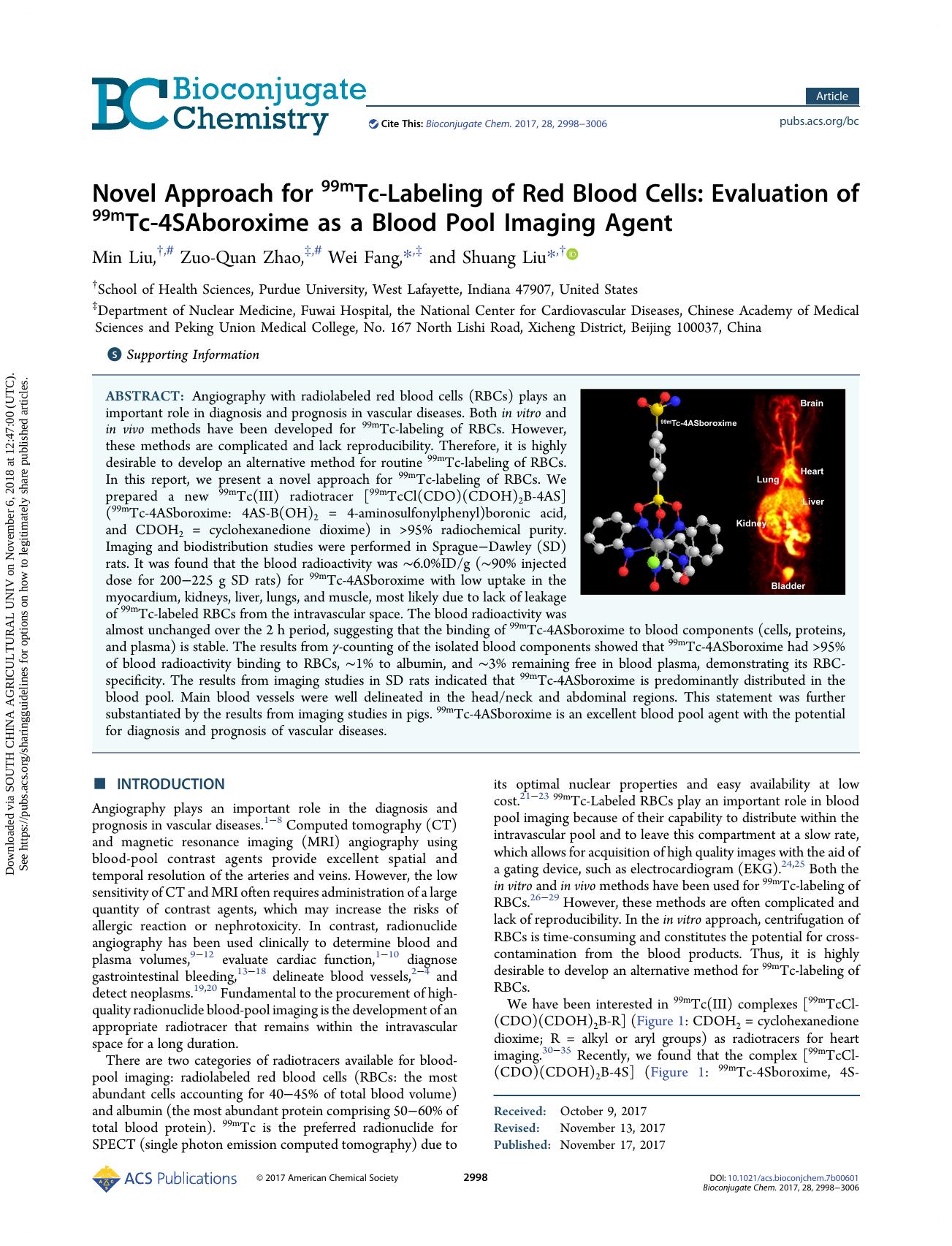 Novel Approach for 99mTc-Labeling of Red Blood Cells: Evaluation of 99mTc-4SAboroxime as a Blood Pool Imaging Agent by Min Liu Zuo-Quan Zhao Wei Fang & Shuang Liu