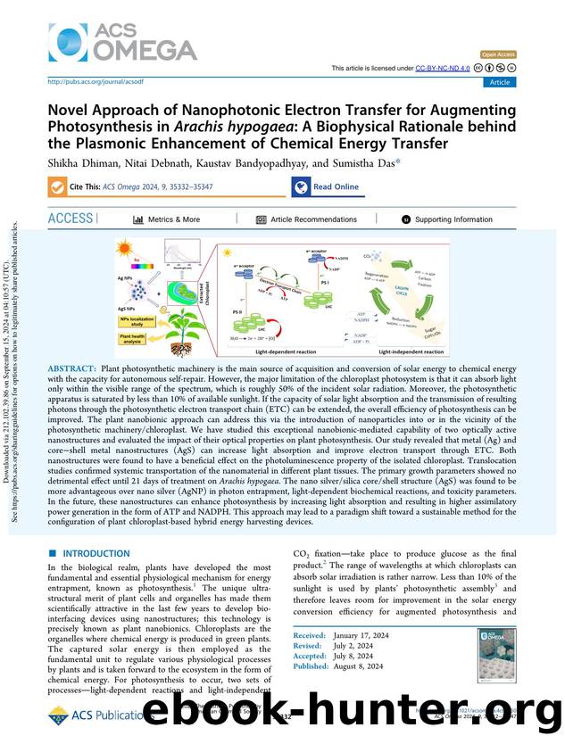 Novel Approach of Nanophotonic Electron Transfer for Augmenting Photosynthesis in Arachis hypogaea: A Biophysical Rationale behind the Plasmonic Enhancement of Chemical Energy Transfer by Shikha Dhiman Nitai Debnath Kaustav Bandyopadhyay & Sumistha Das