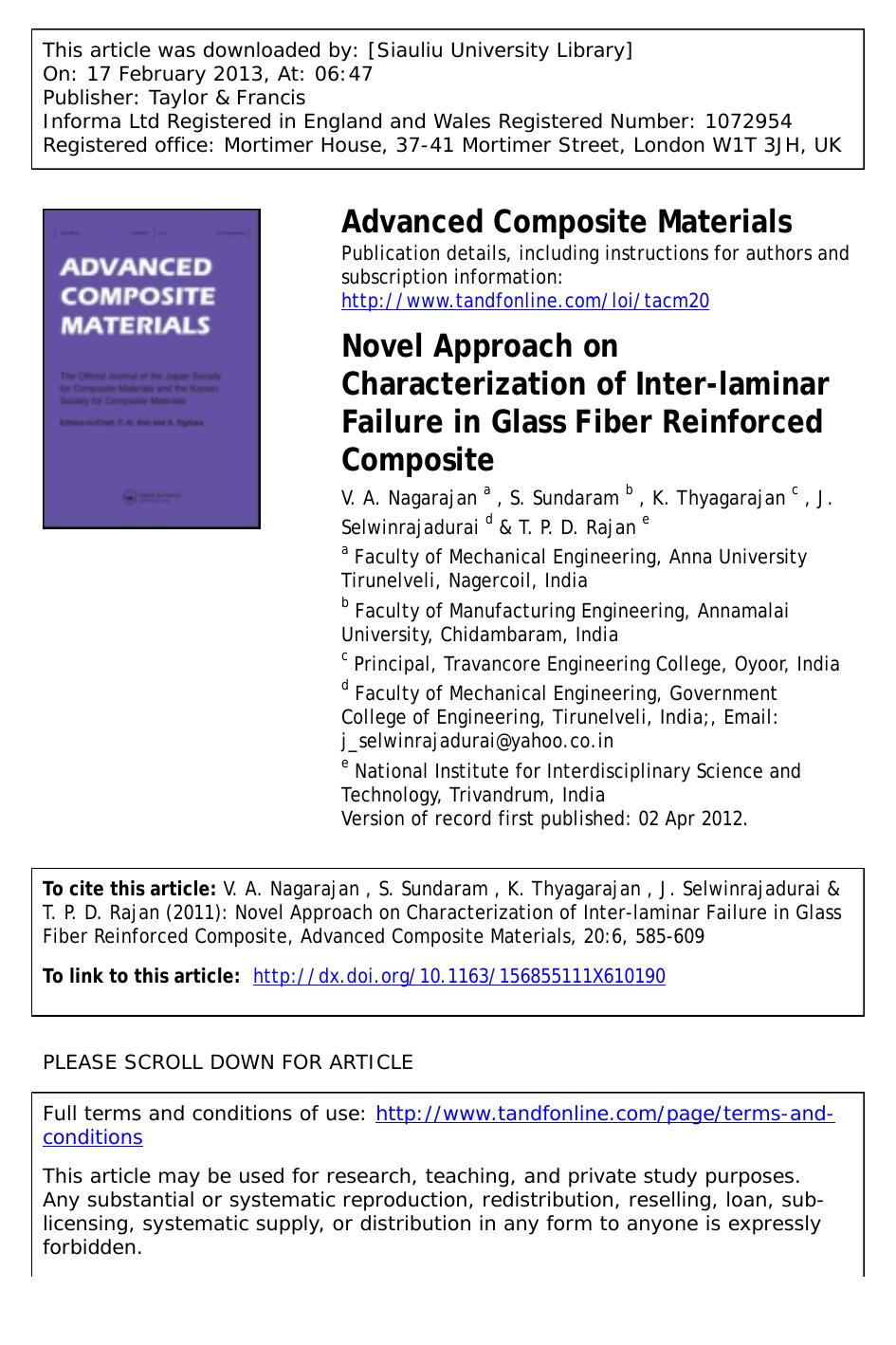 Novel Approach on Characterization of Inter-laminar Failure in Glass Fiber Reinforced Composite by V. A. Nagarajan S. Sundaram K. Thyagarajan J. Selwinrajadurai & T. P. D. Rajan