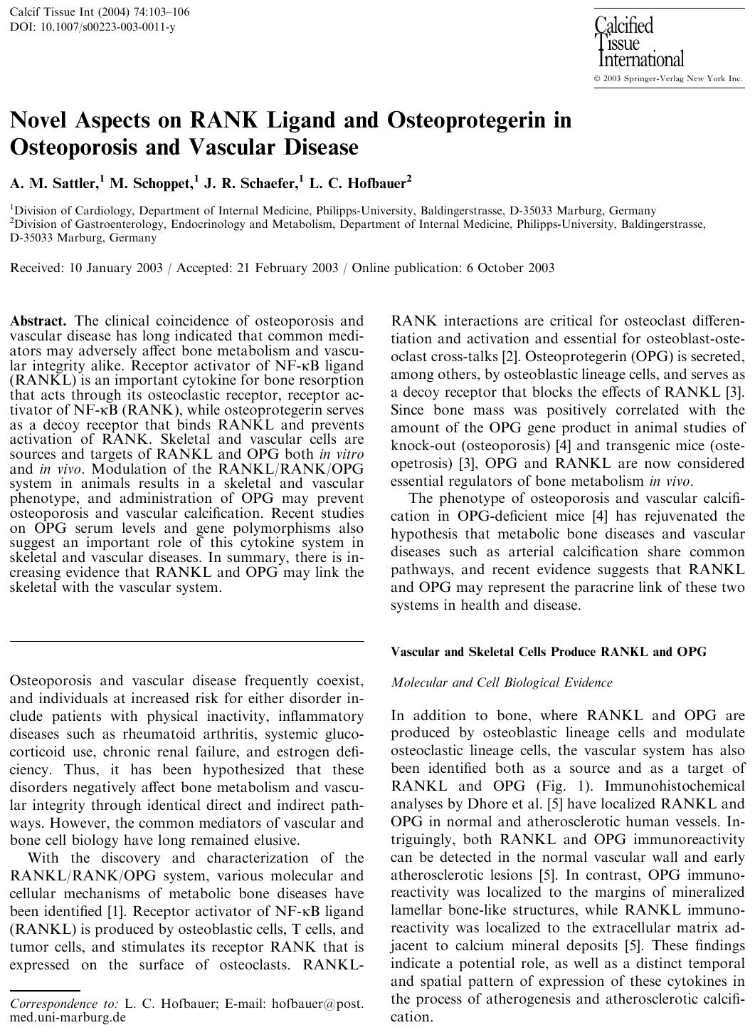 Novel Aspects on RAN Ligand and Osteoprotegerin in Osteoporosis and Vascular Disease by Sattler A.M. et al