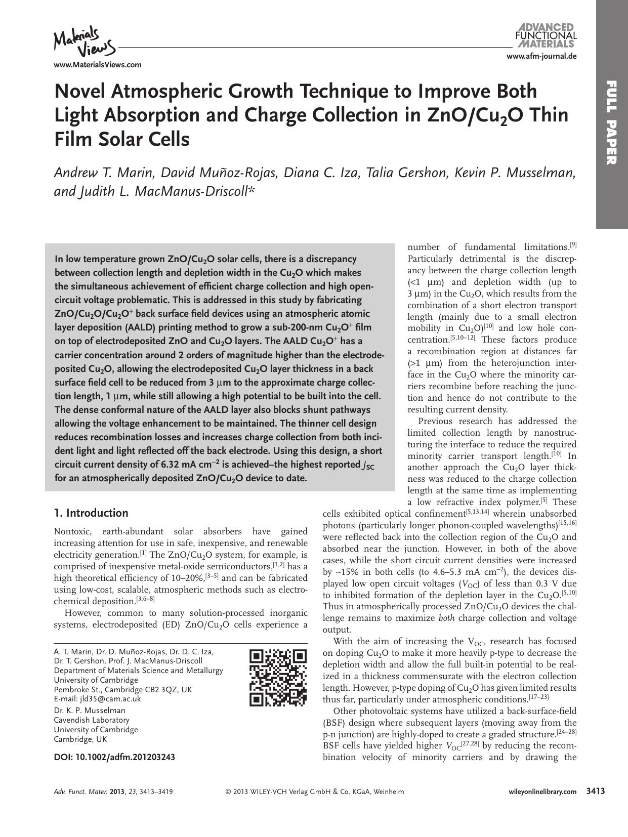 Novel Atmospheric Growth Technique to Improve Both Light Absorption and Charge Collection in ZnOCu2O Thin Film Solar Cells by wbpm