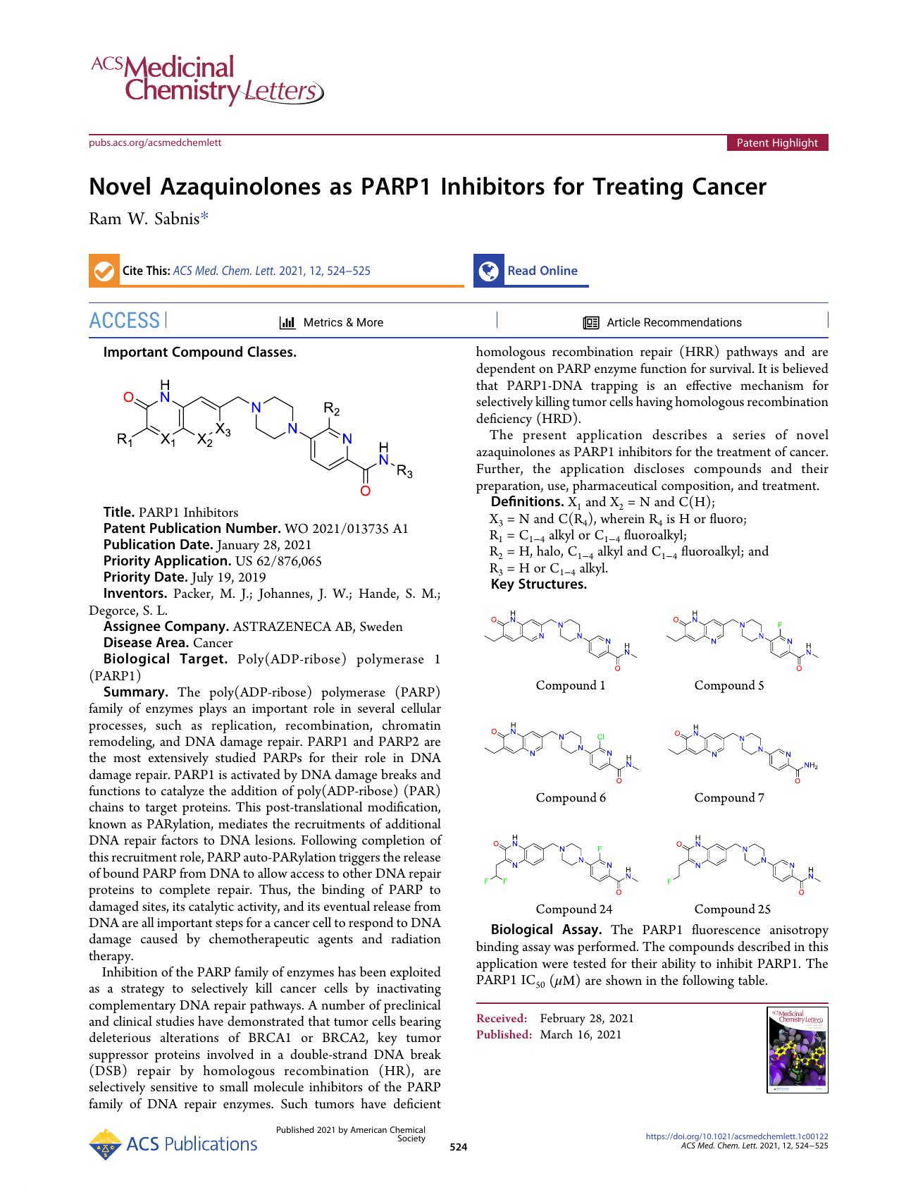 Novel Azaquinolones as PARP1 Inhibitors for Treating Cancer by Ram W. Sabnis