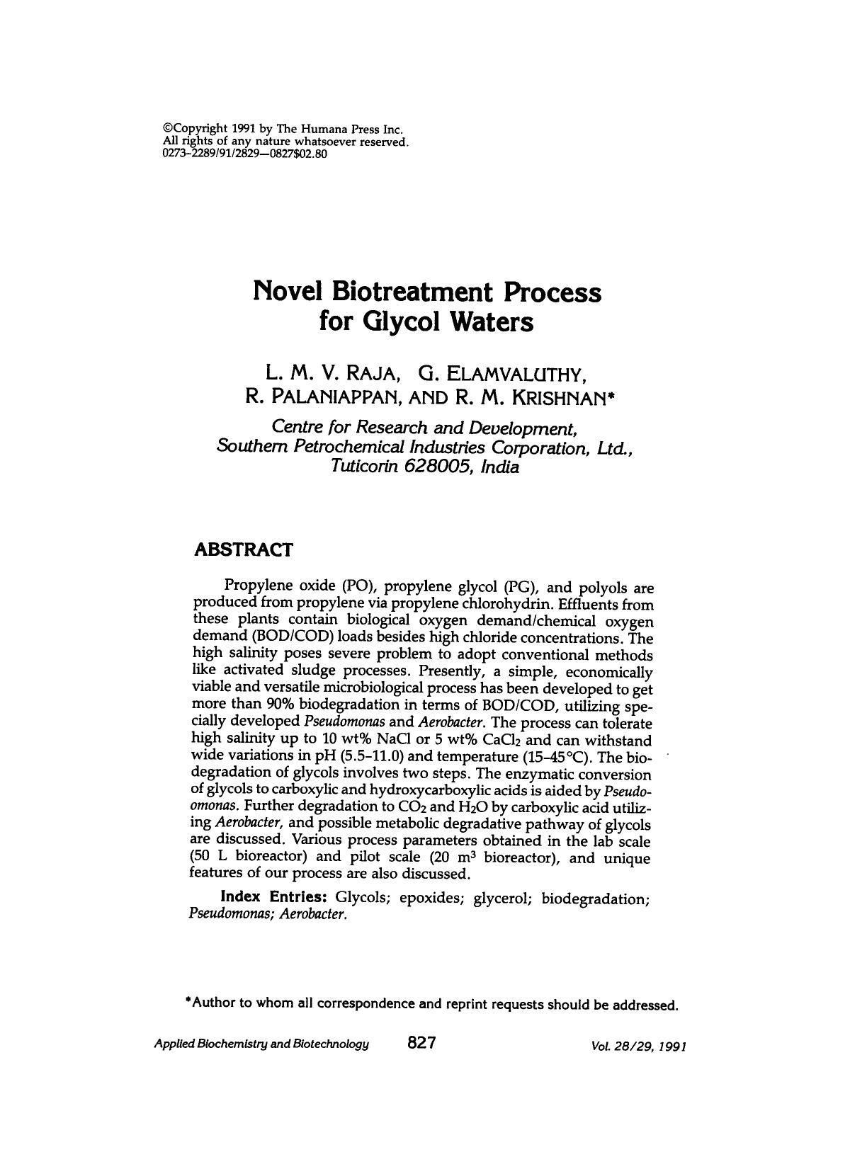 Novel Biotreatment Process for Glycol Waters by Unknown