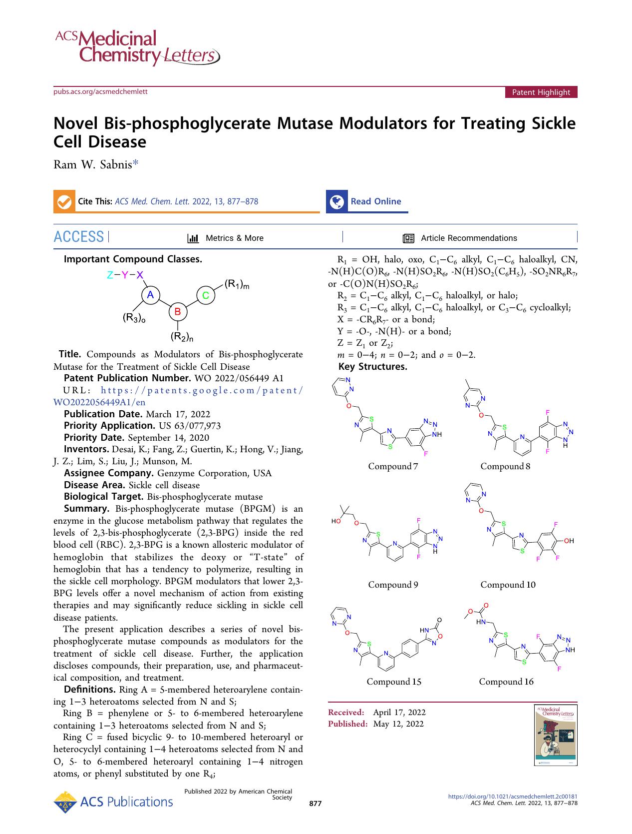 Novel Bis-phosphoglycerate Mutase Modulators for Treating Sickle Cell Disease by Ram W. Sabnis
