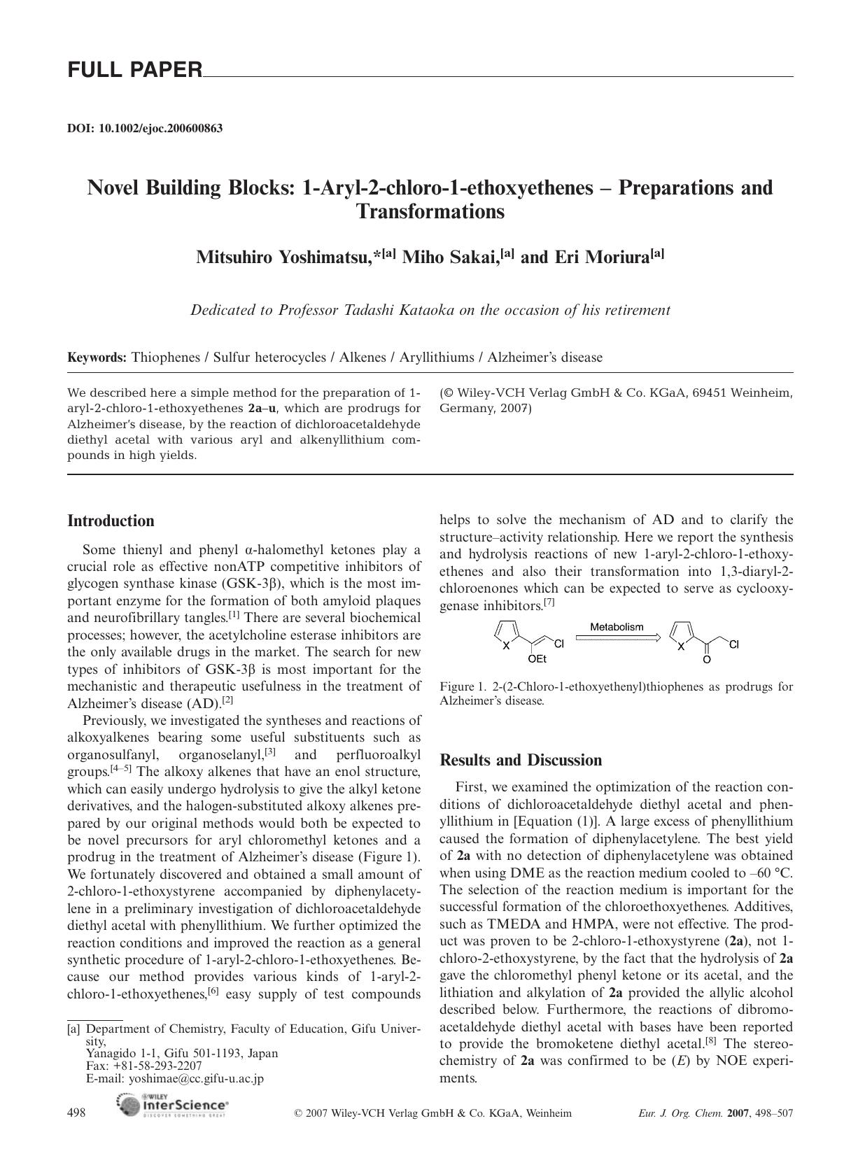 Novel Building Blocks: 1-Aryl-2-chloro-1-ethoxyethenes - Preparations and Transformations by Unknown