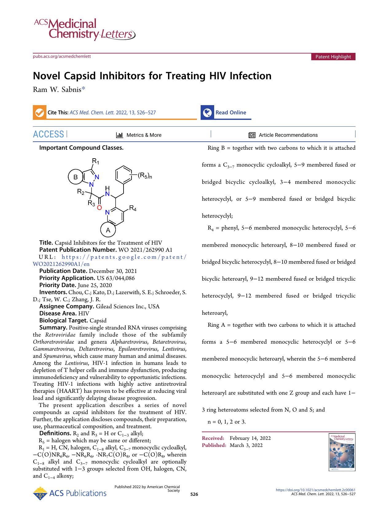 Novel Capsid Inhibitors for Treating HIV Infection by Ram W. Sabnis